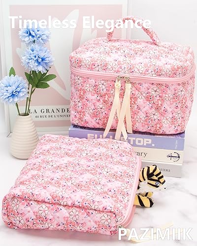 Miniatura 10 de PAZIMIIK Bolsa de maquillaje de algodón para mujer, grande, acolchada y cosmética de viaje, Bolso-Pequeña flor Beige