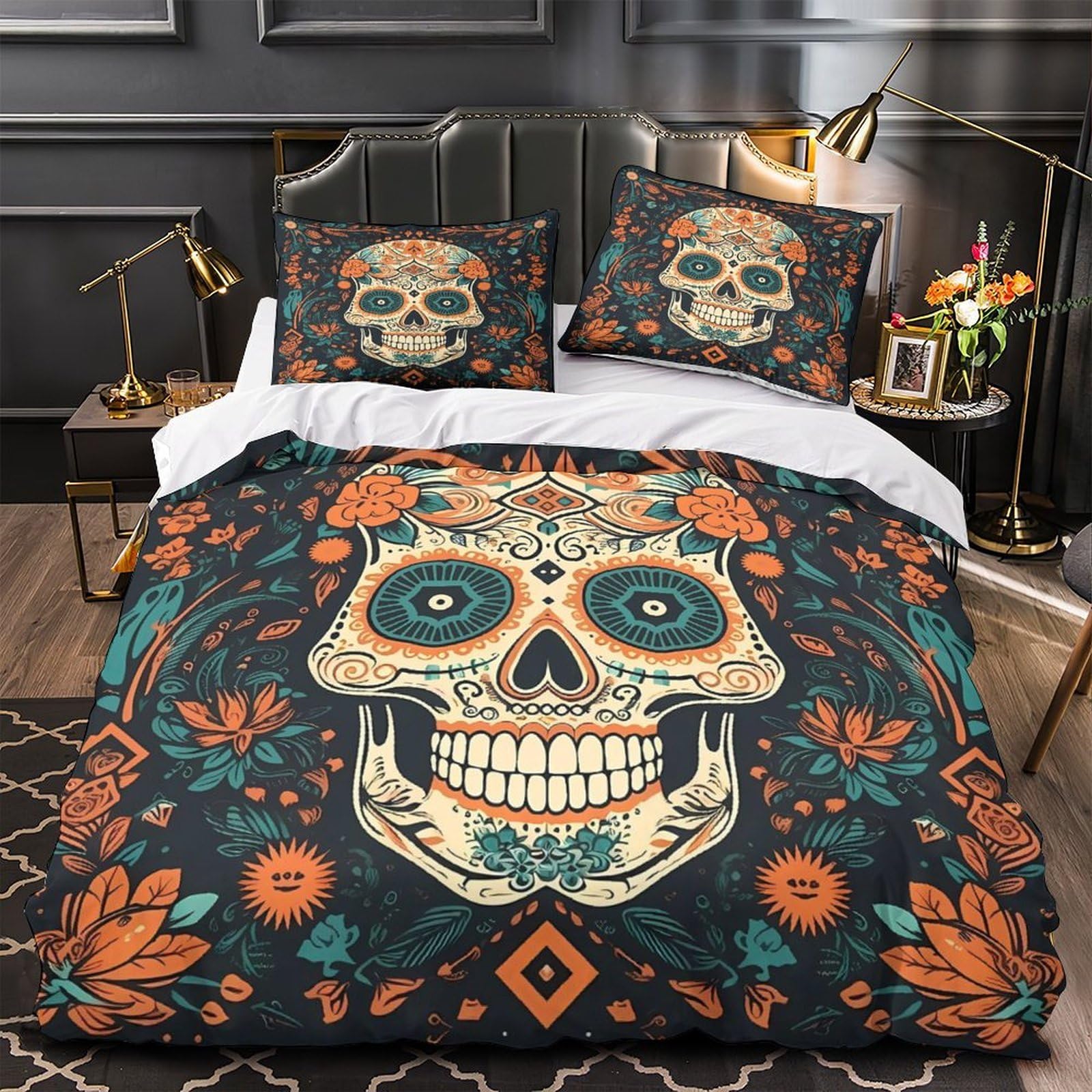 Housse de couette Crâne de Sucre 135x200 microfibre avec taie d'oreiller pour adulte