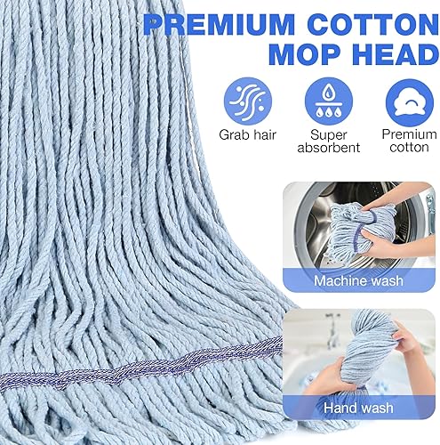 Miniatura 3 de Trapeador de cuerda para limpieza de suelos, trapeador húmedo industrial comercial resistente con cabezal de repuesto adicional, mango de 59