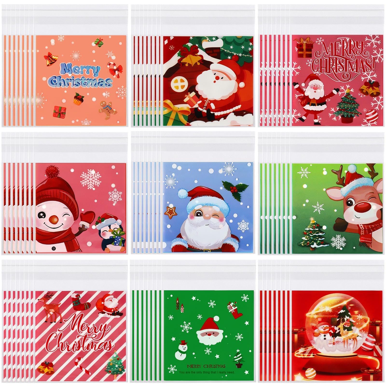 FEBSNOW 450 PCS Christmas Self-Adhesive Candy Cellophane Bags Xmas Treat Cookie Bags for Christmas Holiday Party Favor Gift Decoration Supplies (9