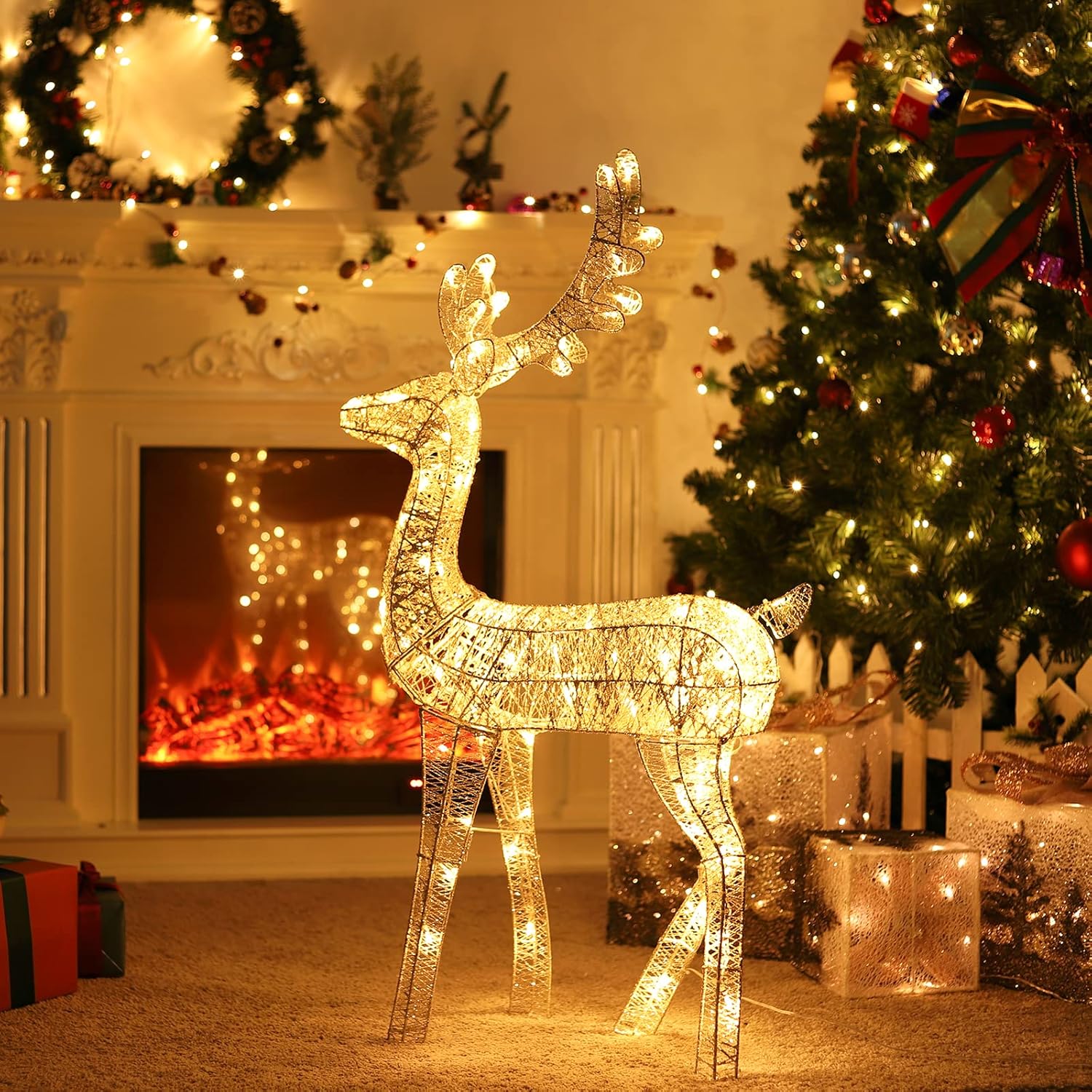 Lewondr Christmas Reindeer Decor Light, 40 in/3.3 FT 100 LED Lights Stand Deer Pattern Plug-in Decorative Light, Xmas Ornament Pre-Lit Buck Deer Lamp for Garden Yard Indoor Outdoor Decoration, Gold : Patio, Lawn & Garden