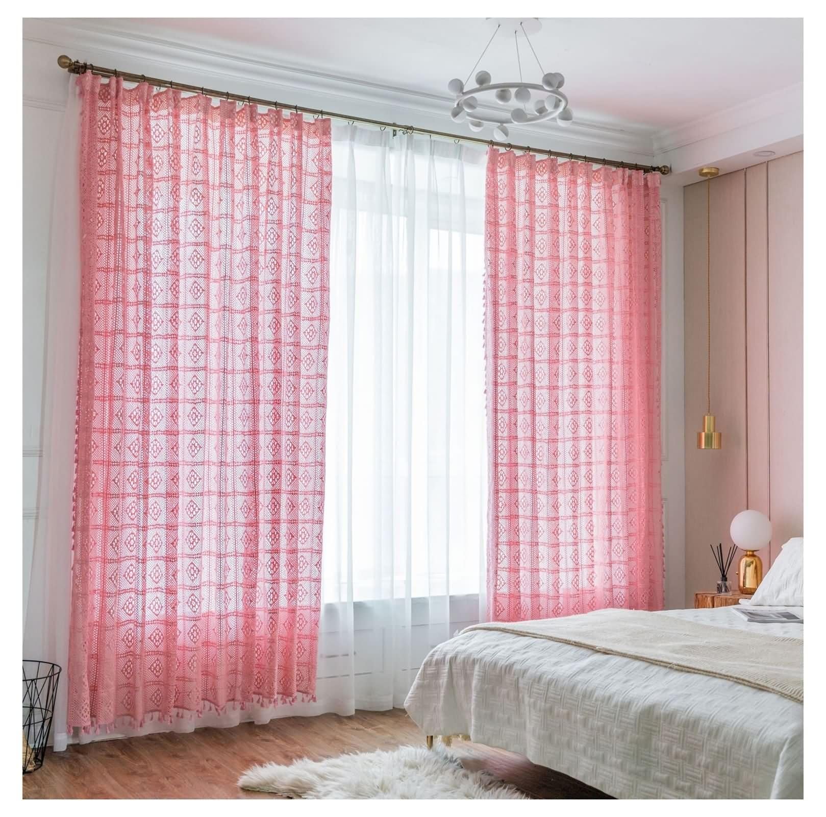 Rideaux fenetres voilage en coton rose 300x260cm avec crochets | Beydodo