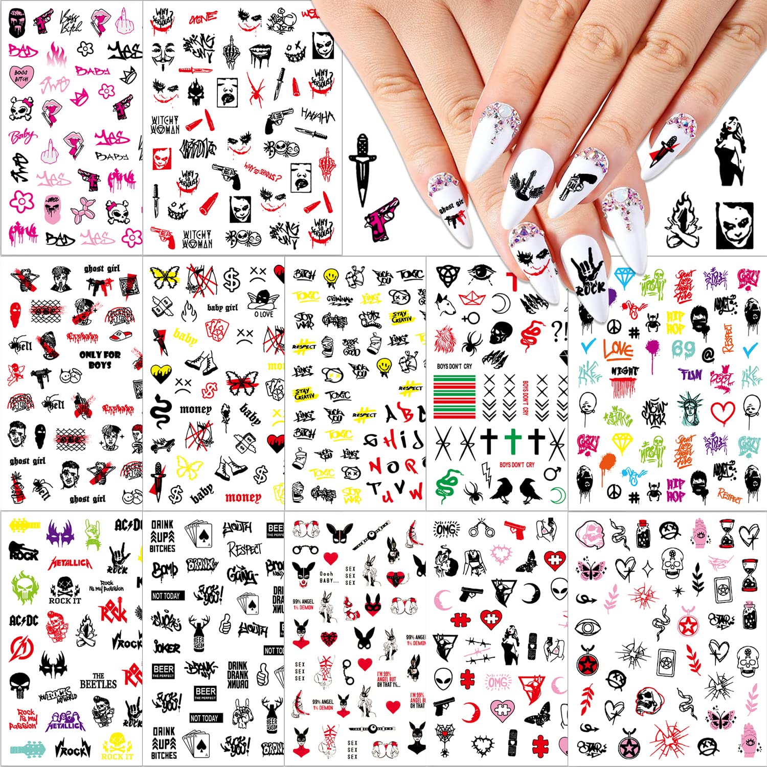 Amazon.com: WOKOTO 12 Sheets Punk Style Nail Stickers for Women Nail Art  Decals Rock and Role Heavy Metal Self Adhesive Nail Art Stickers for  Acrylic Nails Clown Skeleton Nail Design Stickers for
