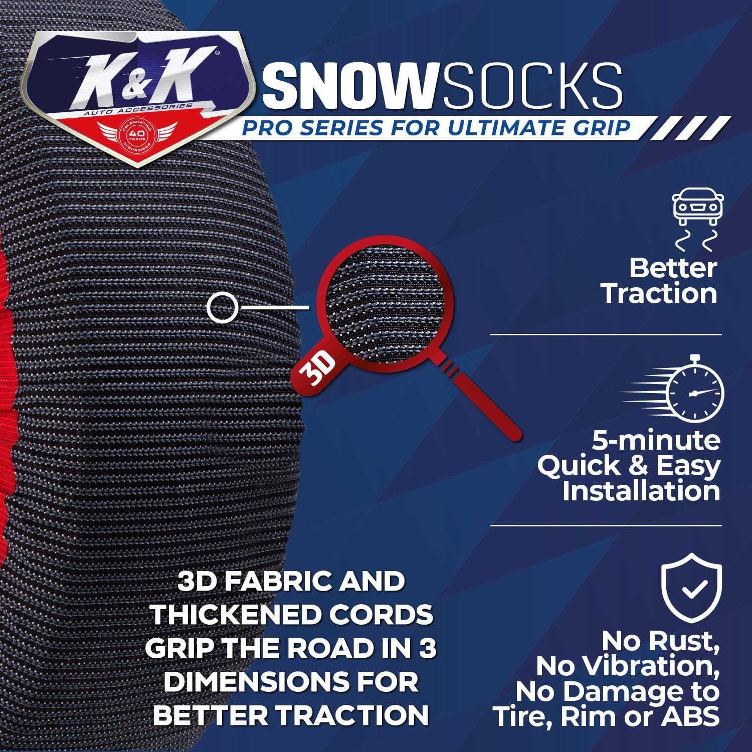 K&K Auto Snow Socks for Tires – Pro Series for Ultimate Grip Approved Snow Chain Alternative Traction Device – Tire Sock for SUV Van Pickup Truck – Winter Travel Accessory Emergency Kit – XXL (2pcs)