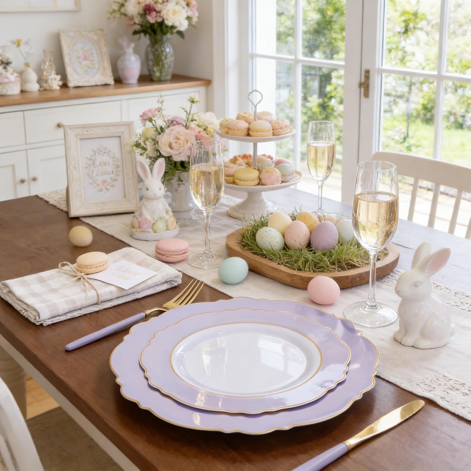 WDF 60pcs Purple Plates Disposable with Gold Rim - Baroque Light Purple Plastic Plates - Lavender Plates for Spring/Wedding/Easter/Birthday