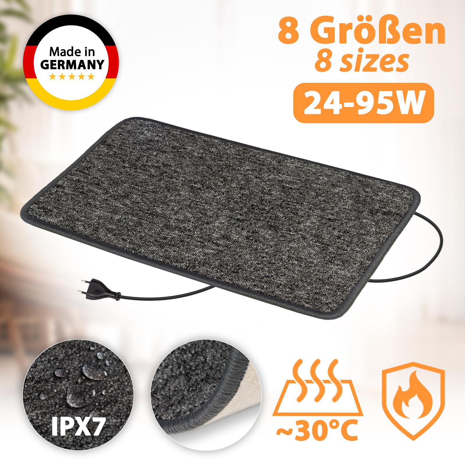 Esterilla calefactora por infrarrojos para pies, 60 x 70 cm, fabricada en Alemania, 47 W, 230 V, color antracita