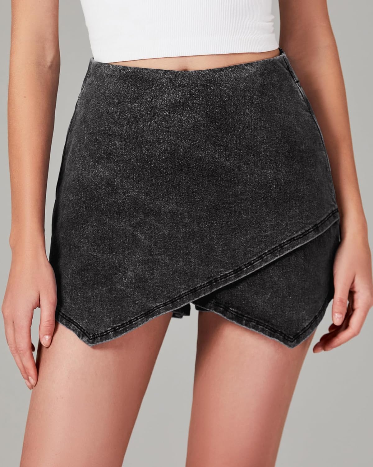 luvamia Jean Skorts for Woman High Waisted Pull On Stretchy Denim Wrap Skirt with Shorts Trendy Asymmetrical Skort - Image 3