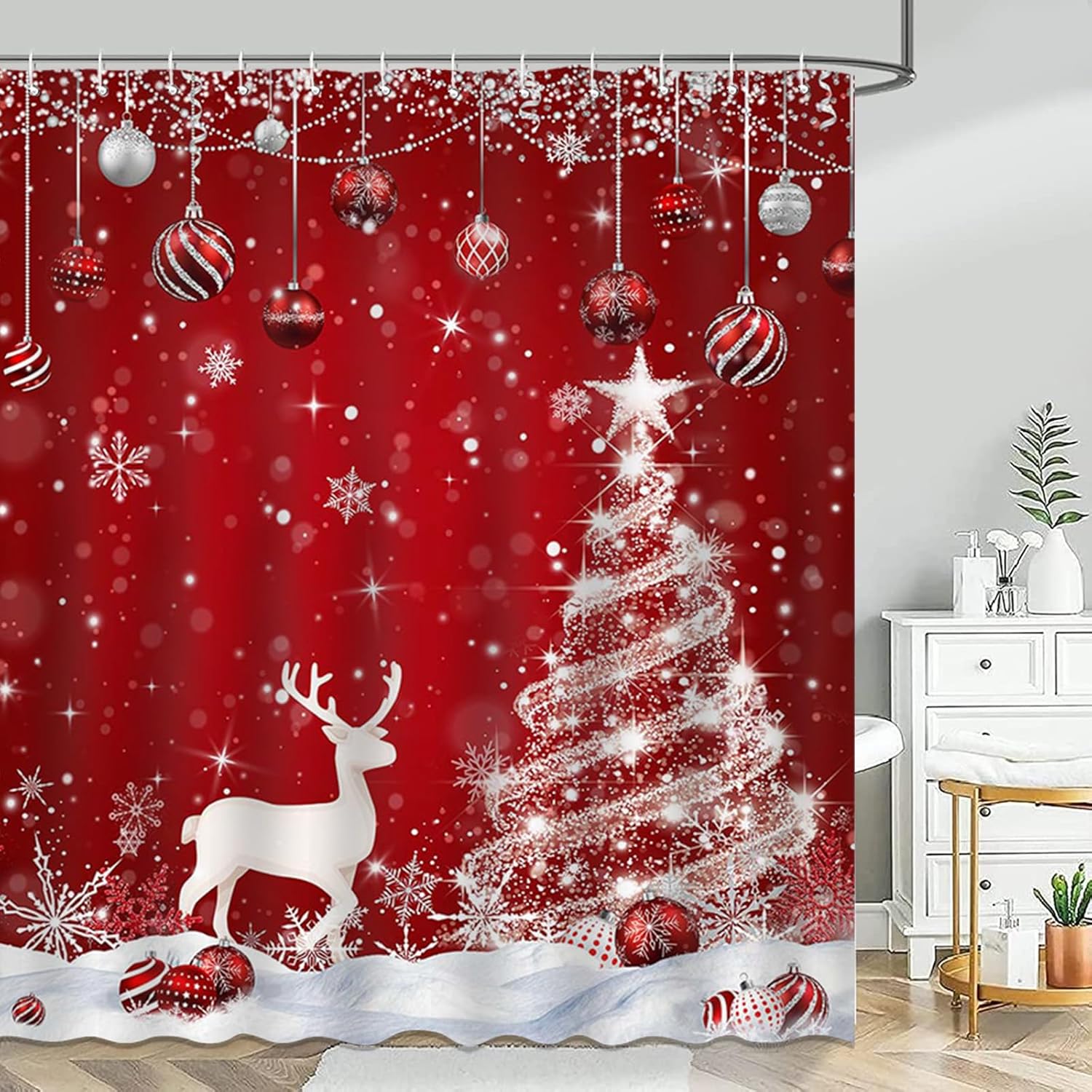 Mocsicka Red Christmas Shower Curtain Glitter Xmas Pine Tree Snowflakes Deer Bathroom Shower Curtain Winter Christmas Waterproof Bathtub Curtain Decor with 12 Hooks 72 X 72 Inches (Red)
