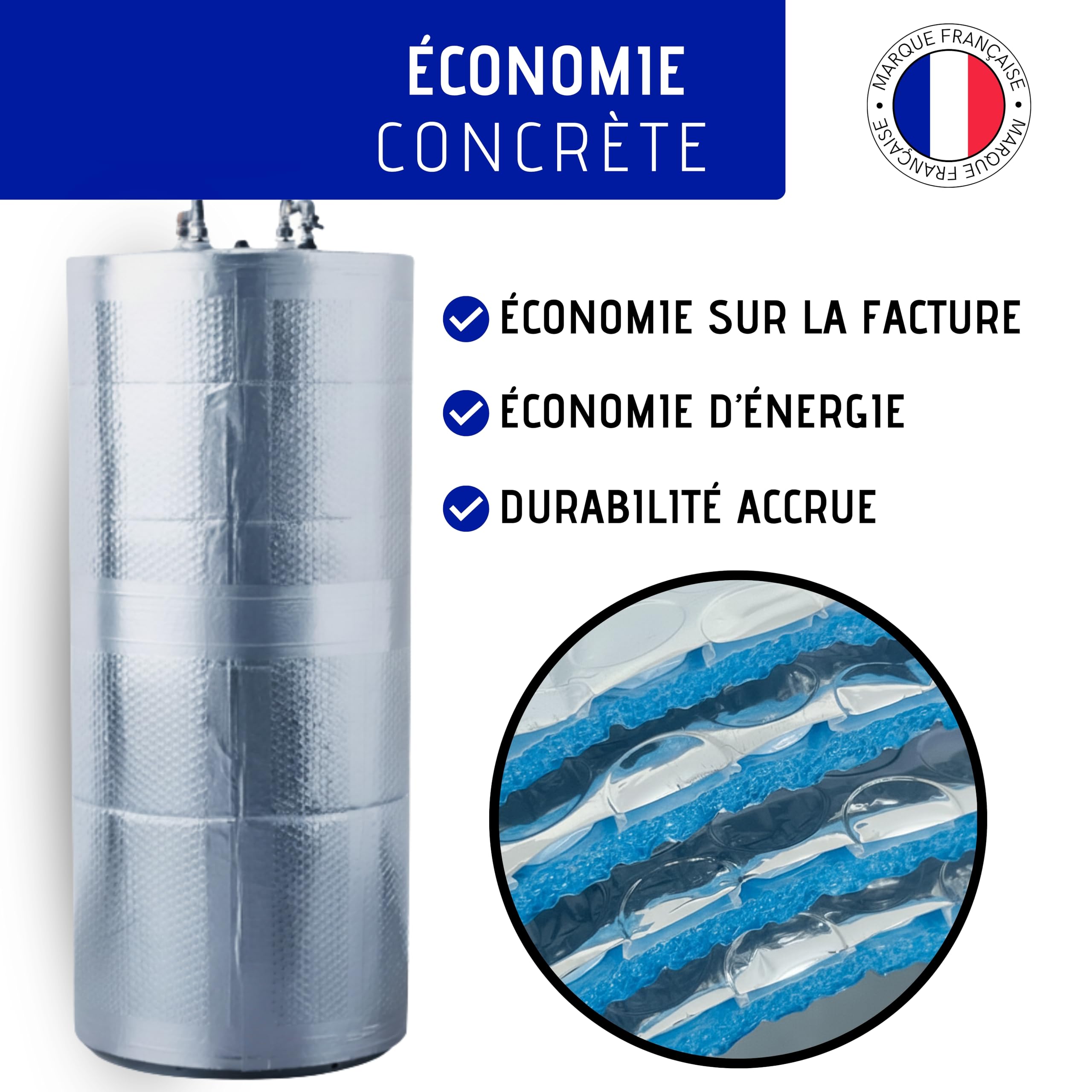 ISOLANT BALLON EAU CHAUDE | Housse pour ballon d’eau chaude jusqu’à 300L | Isolation thermique 4 couches premium | Auto-Adhésive Installation rapide | Avec Ruban isolant