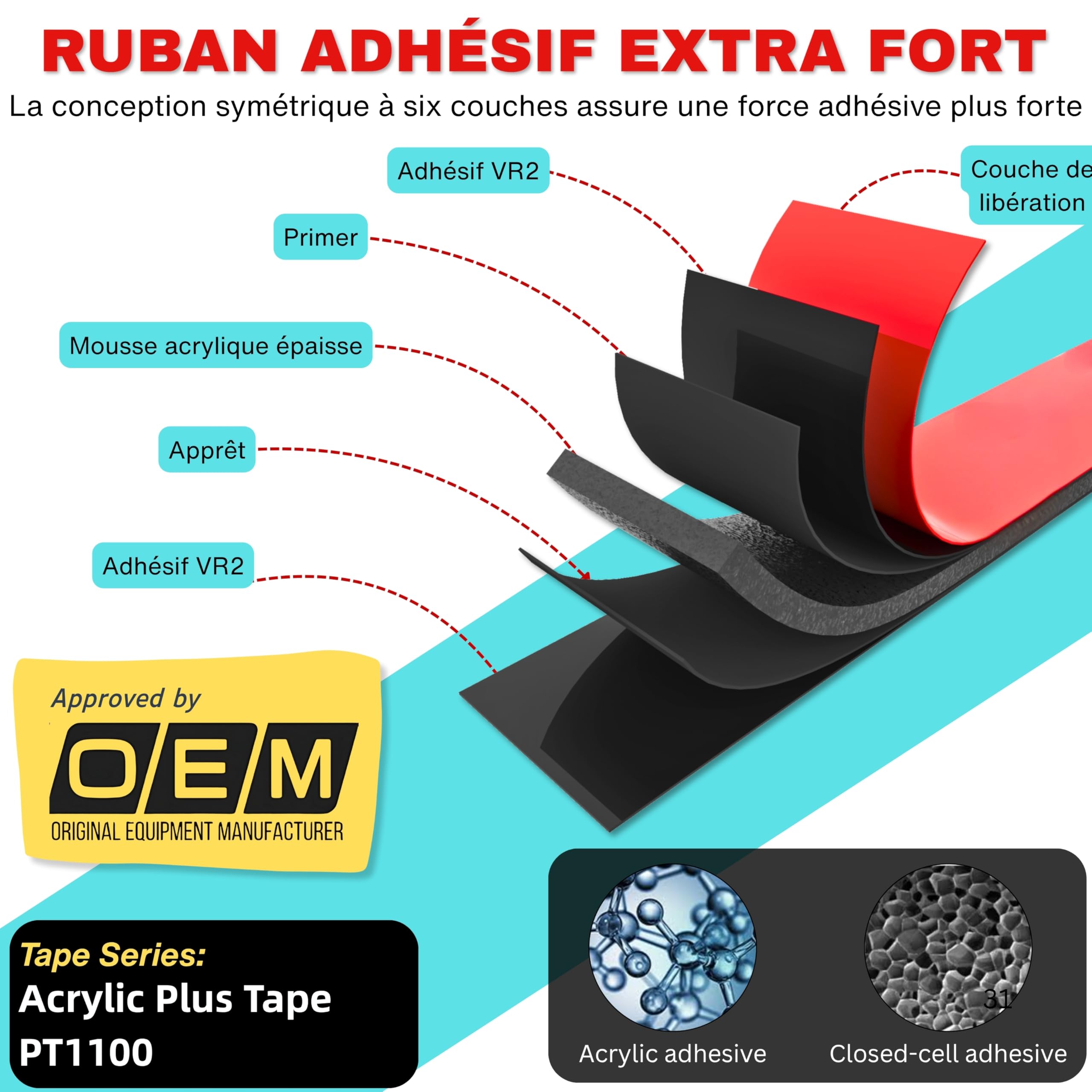 Ruban adhésif double face professionnel en mousse acrylique viscoélastique 5 mm x 5 m Noir