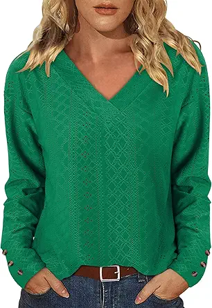 KISSMODA Long Sleeve Fall Shirts For Women V Neck Tunic Tops Embroidered Button Down Knitted Blouses 2025