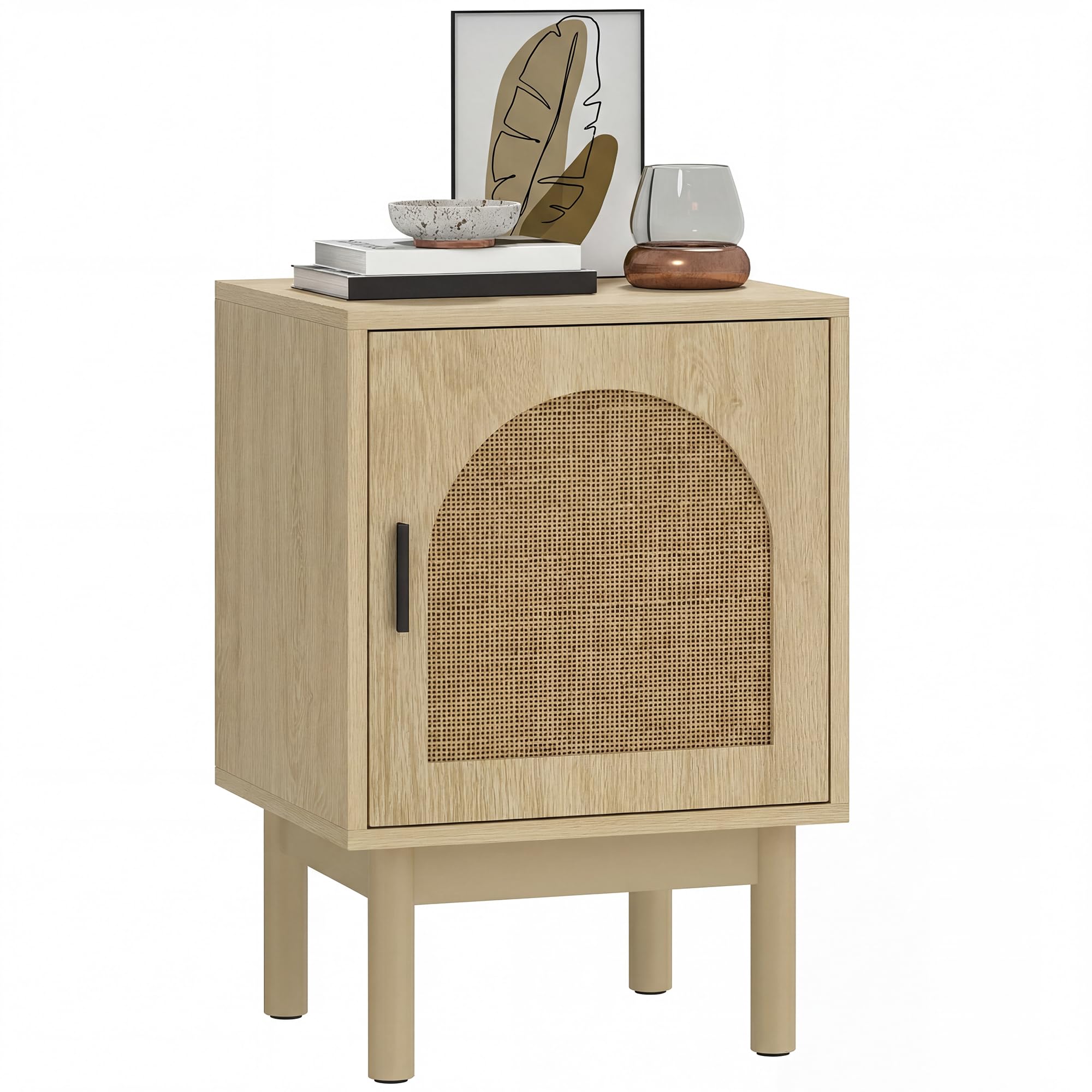 HOMCOM Rattan Bedside Table, Boho Bedside Cabinet with Adjustable Shelf and Solid Wood Legs, Side Table for Living Room, Bedroom, Natural Wood