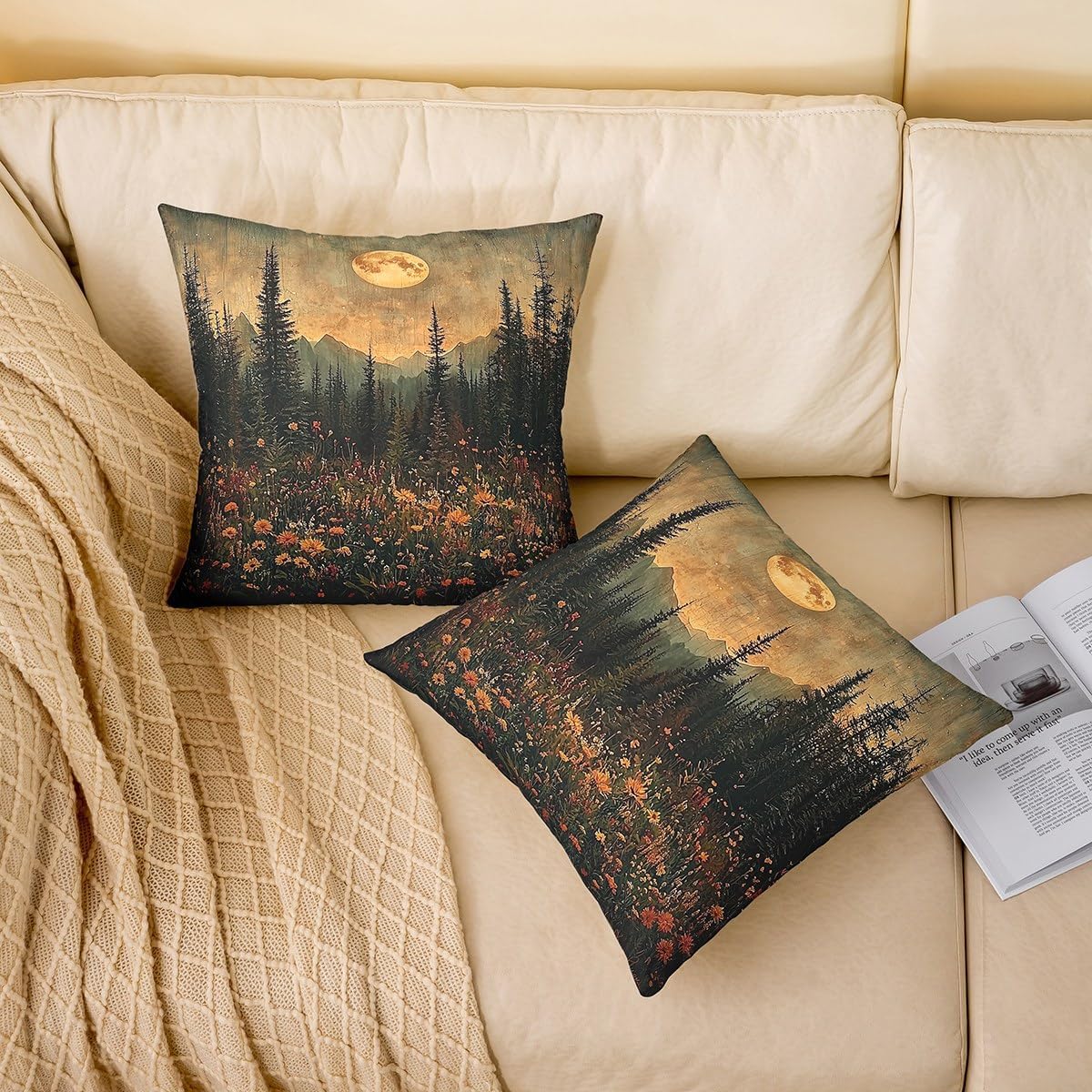 Erosebridal Full Moon Throw Pillow Cover 24x24 Vintage Moonlit Cushion Cover Pine Tree Mountains Wildflowers Cushion Case Woodland Nature Landscape Decorative Pillowcase