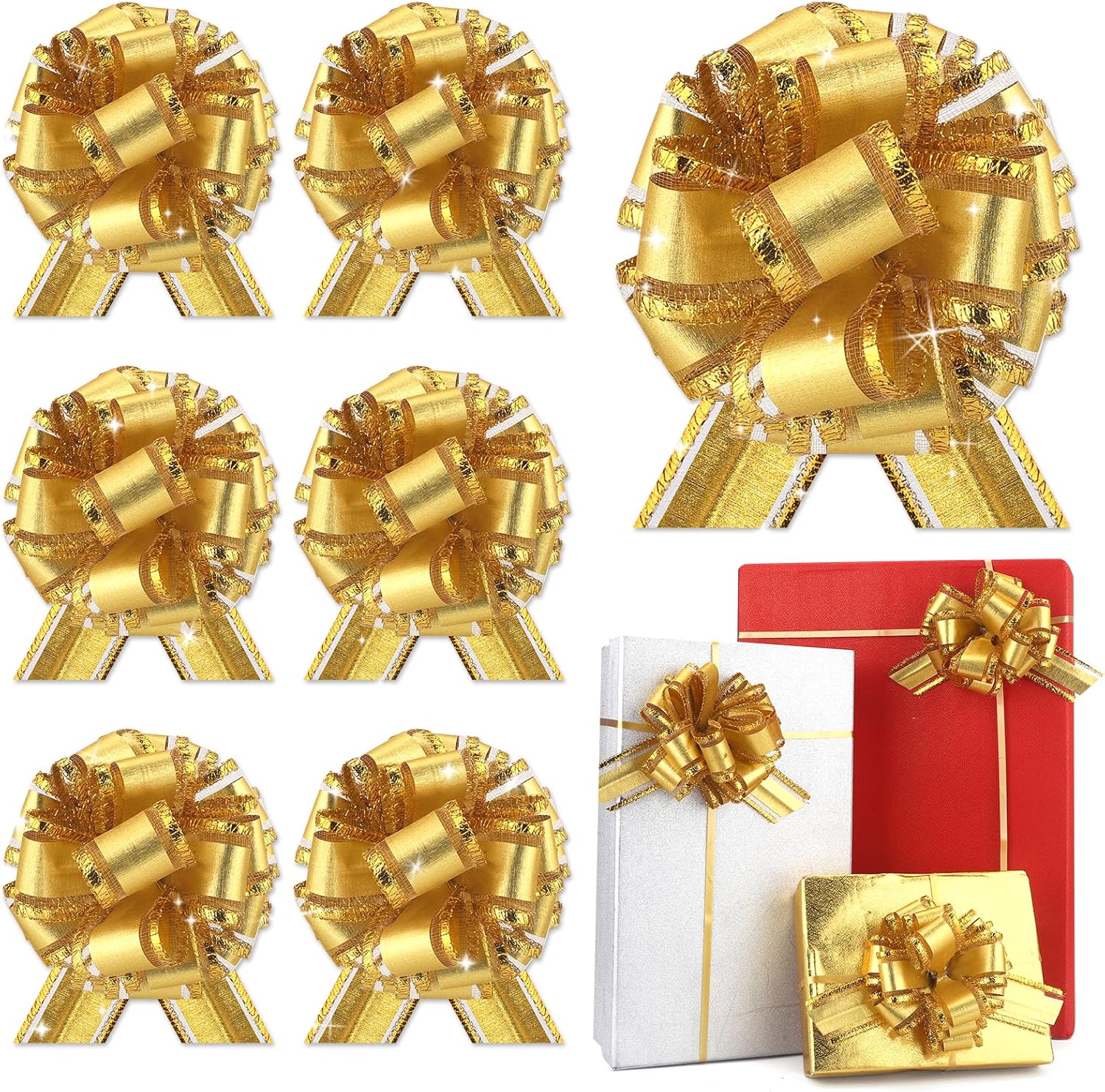 6 pcs Gold Gift Warp Bow Shiny Pull Bows for Gift Warpping Christmas Bow Party Birthday Wedding Metallic Organza Ribbon Warp Bows for Present Boxes Flower Valentine's Day ((Gold-DD)