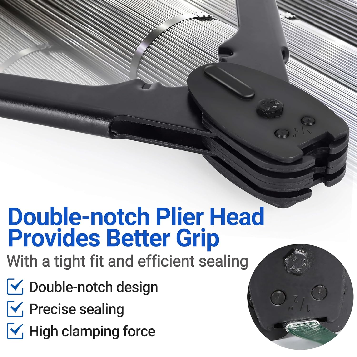 Sealer&Crimper Tool Double Notched Front Action - 1/2" Metal Banding Strapping with High Strength Sealing Action & Ergonomic Design & Harden Steel for Heavy Duty High Tensile Pallet Packing