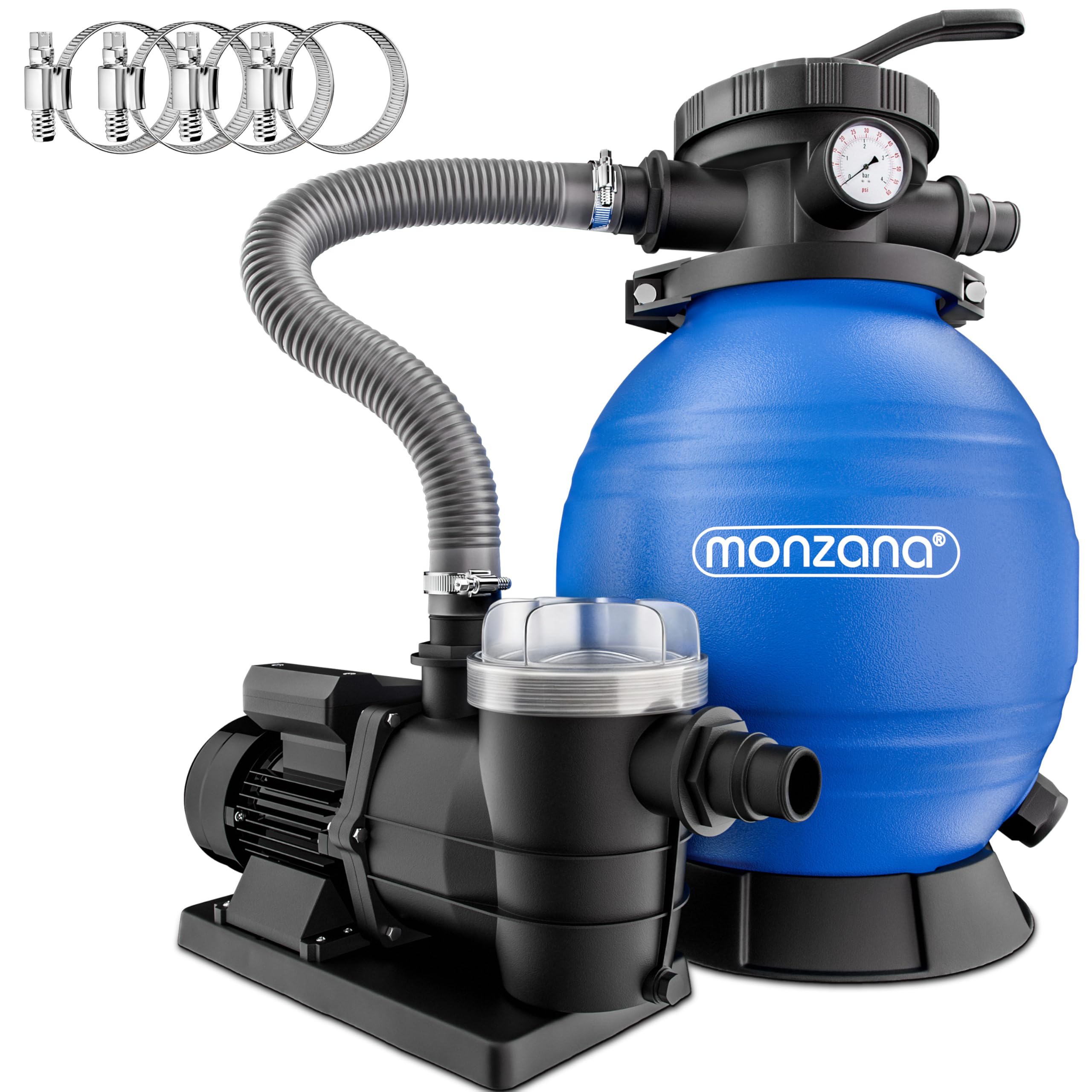 MONZANA® Pompe filtre à sable 9,​6 m³ auto-​amorçante pour piscines jusqu'à 30 m³ préfiltre vanne 7 voies raccord 2en1 Ø32-​38mm système de filtration à sable