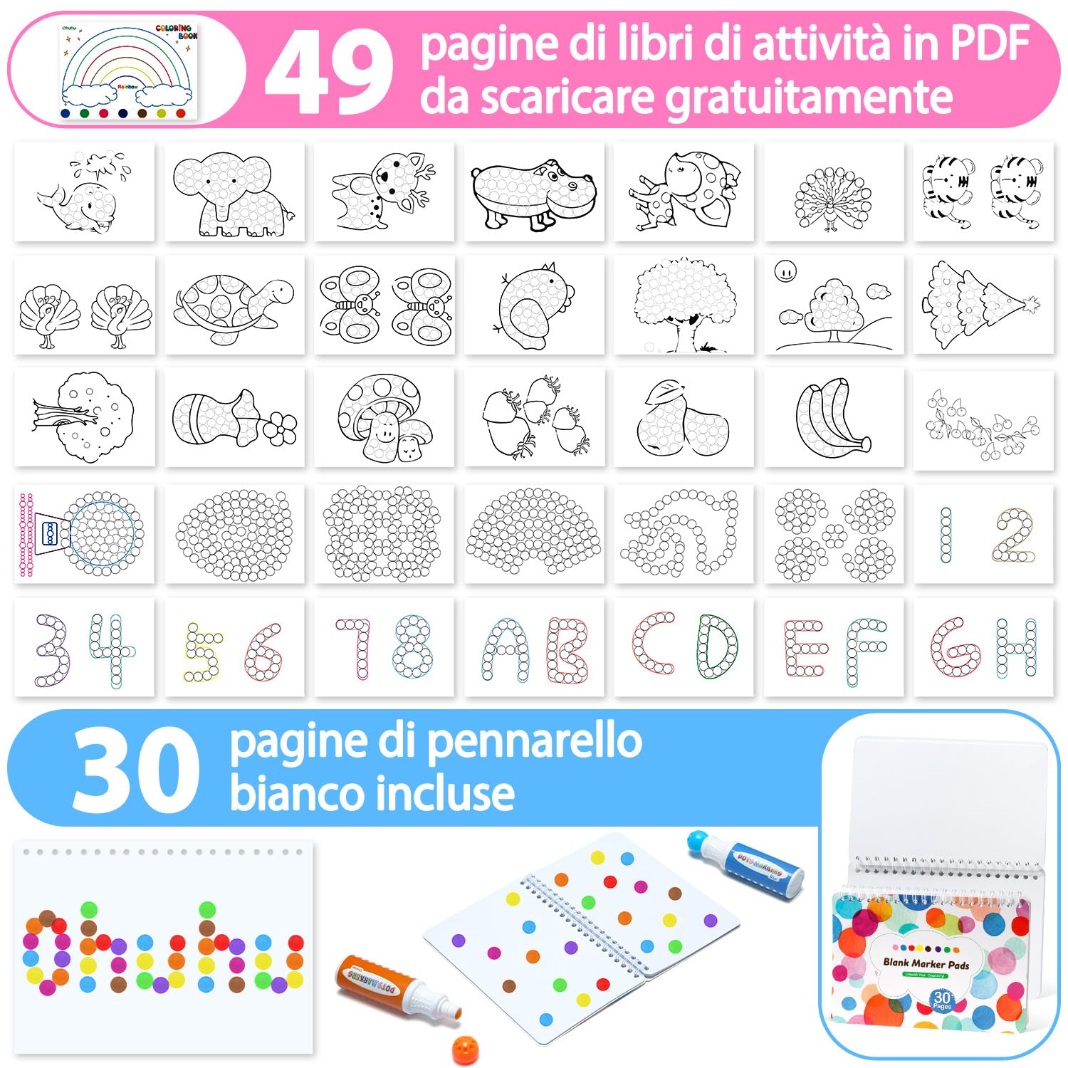 Ohuhu Pennarelli per bambini 12 colori super lavabili (40 ml) con libro di attività in bianco di 30 pagine - Penne Bingo a punta tonda di sicurezza non tossica per la scuola dell'infanzia