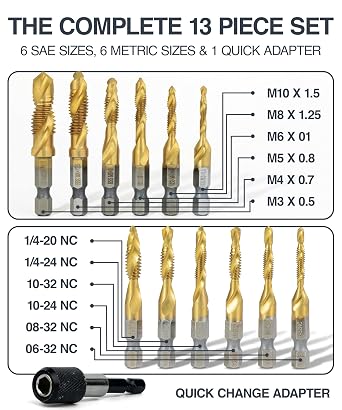 Drill and Tap Set 13-Pc SAE & Metric Combination Bits 1/4 Hex | Titanium-coated HSS with quick-change adapter and case
