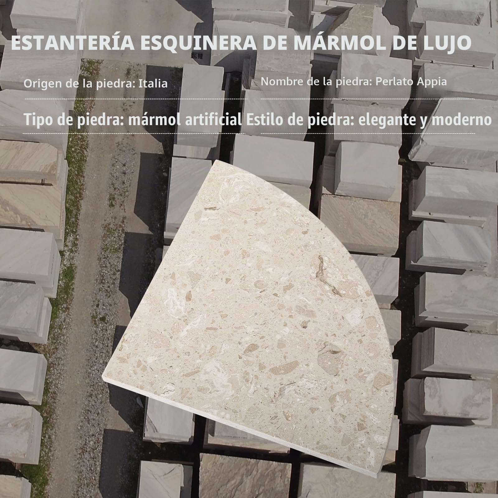Koville Perlato Appia - Estante de ducha esquinero de mármol italiano para baño, estantes esquineros de mármol de 10 pulgadas para baño, estante de ducha de esquina de piedra montado en la pared,