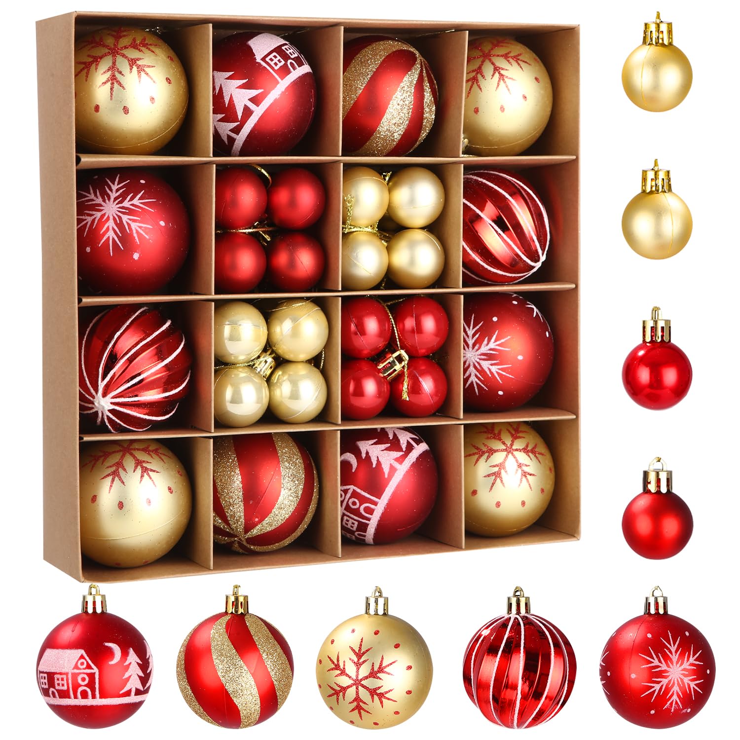 Zawaer Adornos navideños arbol, Juego de Bolas de Navidad, 44 Piezas 6cm Bolas de plástico Doradas y Rojas, Dibujos Pintados en Color Adornos arbol Navidad
