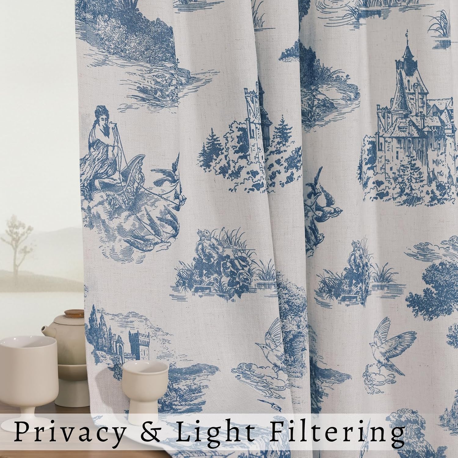 Blue Floral Linen Toile Curtains 84 Inches Long for Living Room Bedroom Toile de Jouy Printed Patterned Country Semi Sheer Curtains Back Tab Light Filtering Denim Navy Pattern 84 Inch Window Drapes