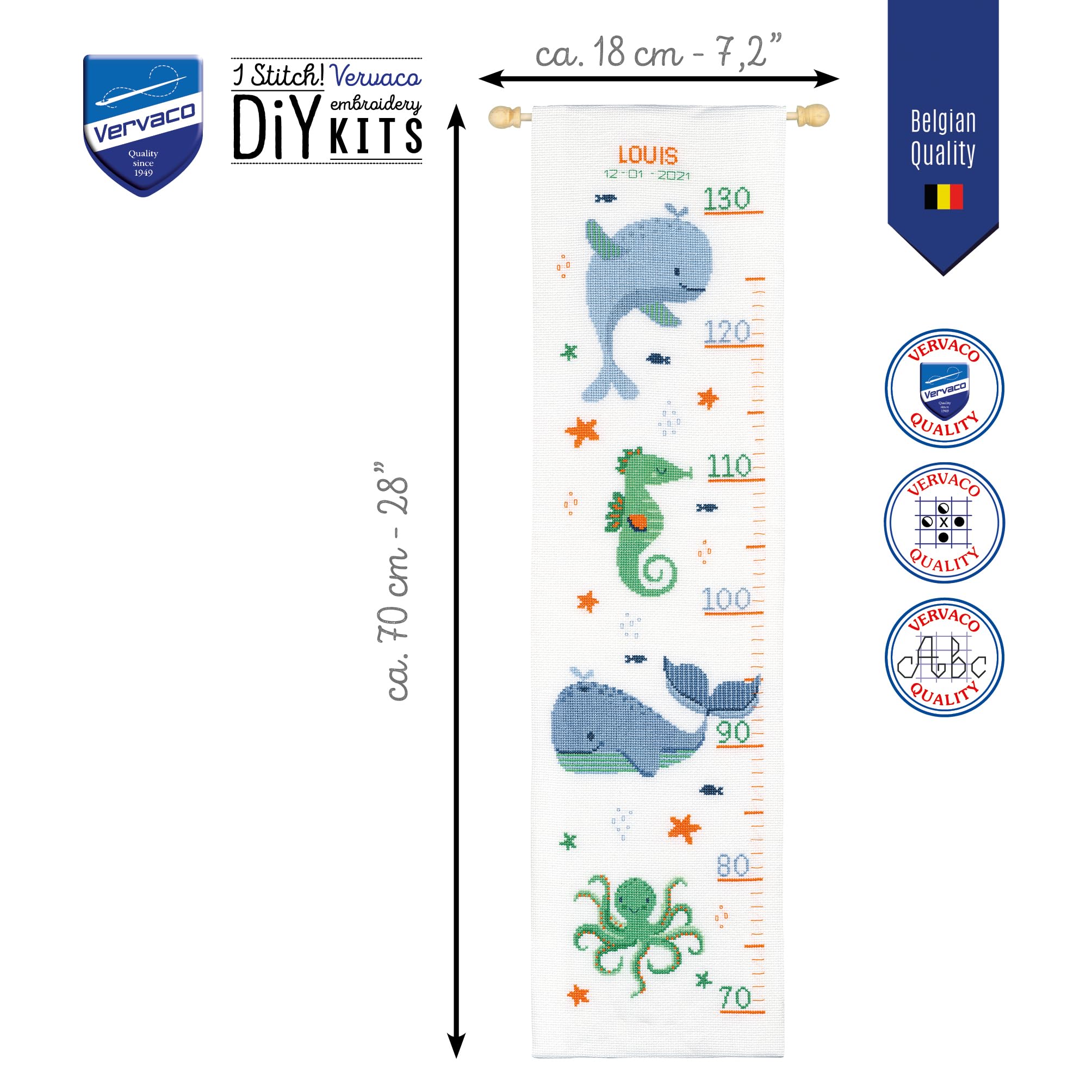 Vervaco Kit Punto De Cruz Medidor De Altura Para Niños DELIGHT DE LA BALLENA Regalos DIY Completo Creativo Manualidades Creatividad Adultos Decoracion Pared Bordar Kit Principiantes ca. 18 x 70 cm