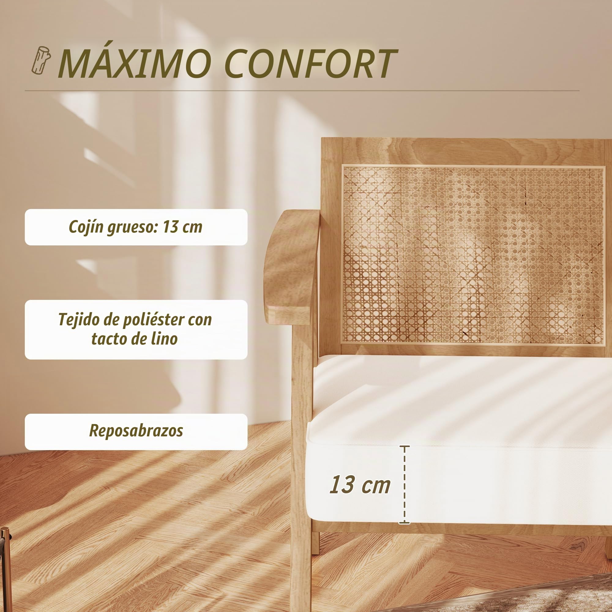 HOMCOM Butaca de Salón con Reposabrazos Sillón con Respaldo de Ratán y Marco de Madera de Caucho Butaca para Dormitorio Salón Carga 120 kg Natural y Beige