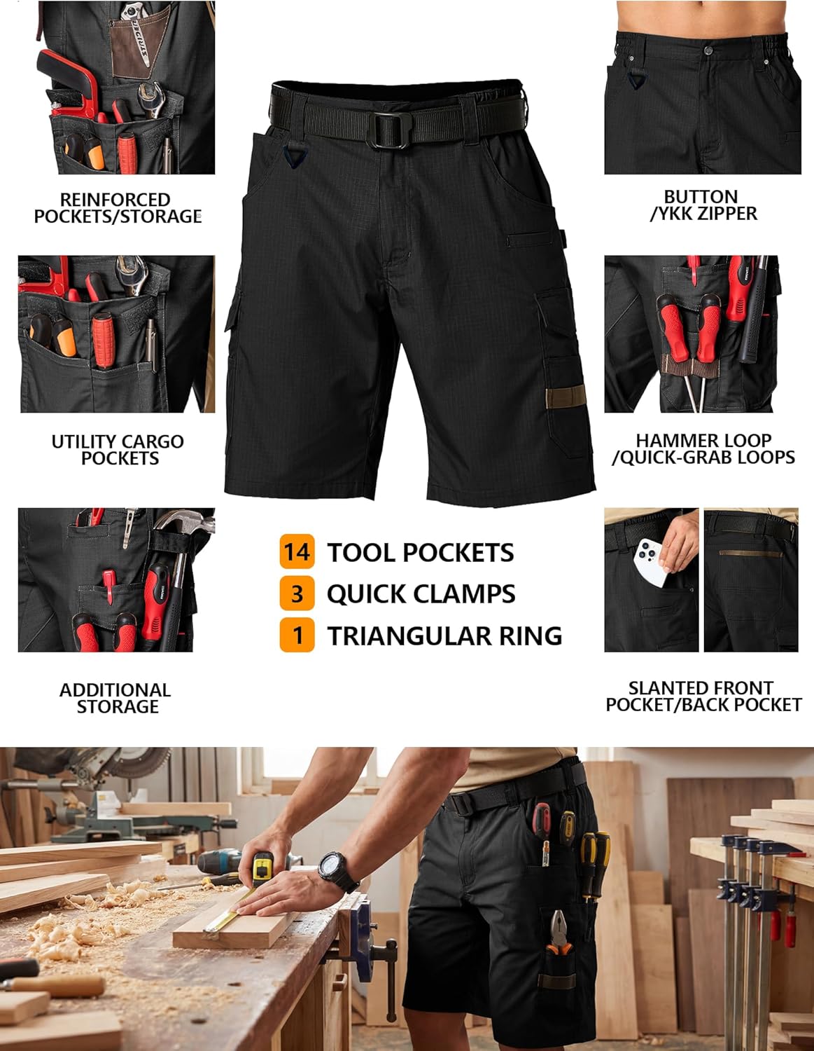 Mens Cargo Work Shorts, Rip Stop Tactical Shorts for Men Water Resistant Fishing Shorts for BDU Safari Hiking (No Belt)