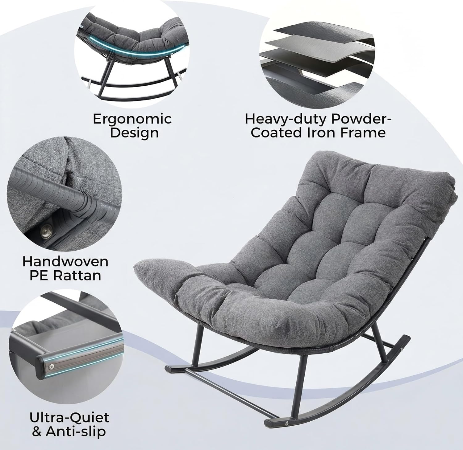 IRONCK Papasan Rocking Chair with Cushion, Patio Wicker Rocking Chair, Metal Frame Egg Rocker, 450lbs Capacity, Indoor Outdoor Lounge for Garden, Porch, Living Room, Balcony, Gray