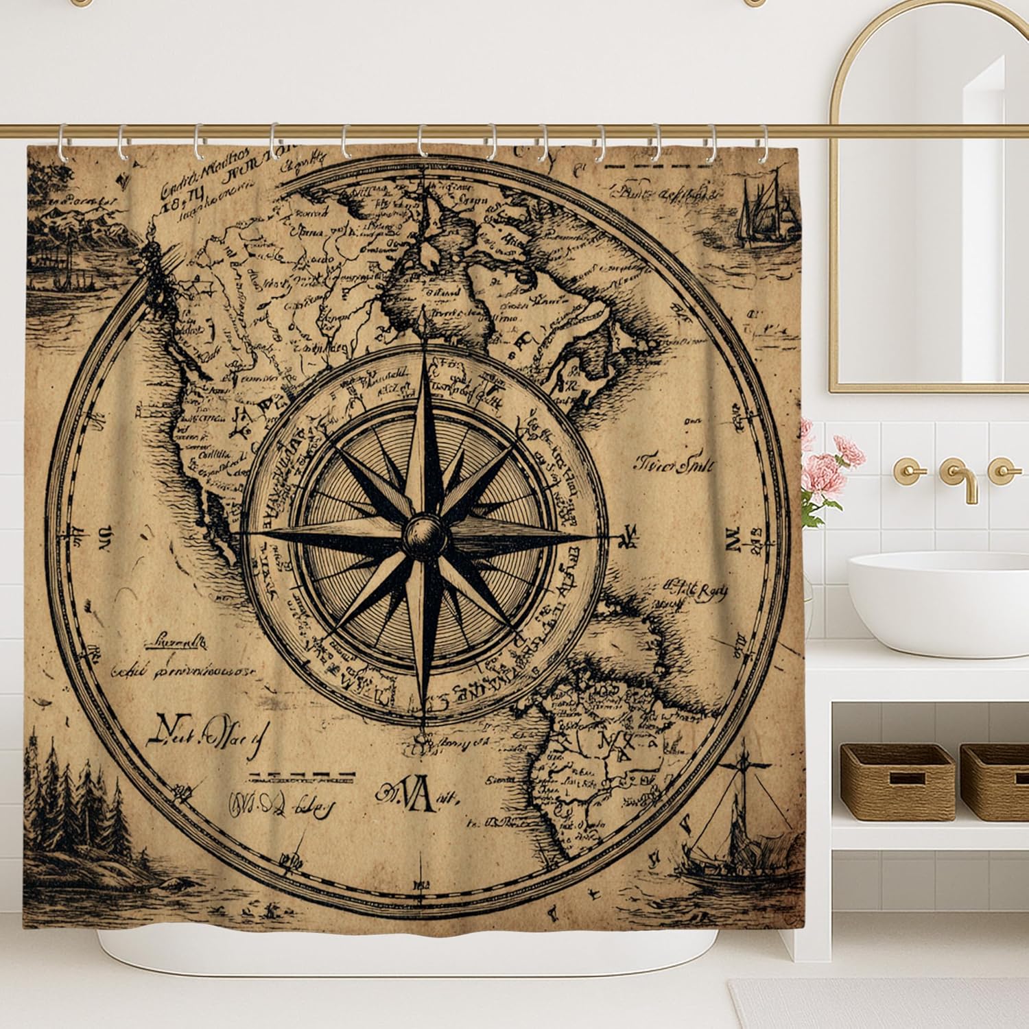 Vintage Map Shower Curtain, Antique Brown Nautical Compass Bathroom Decor, Classic Travel Adventure Design for Ocean Lovers, Water Resistant Fabric Curtain with Hooks 62x72 Inch