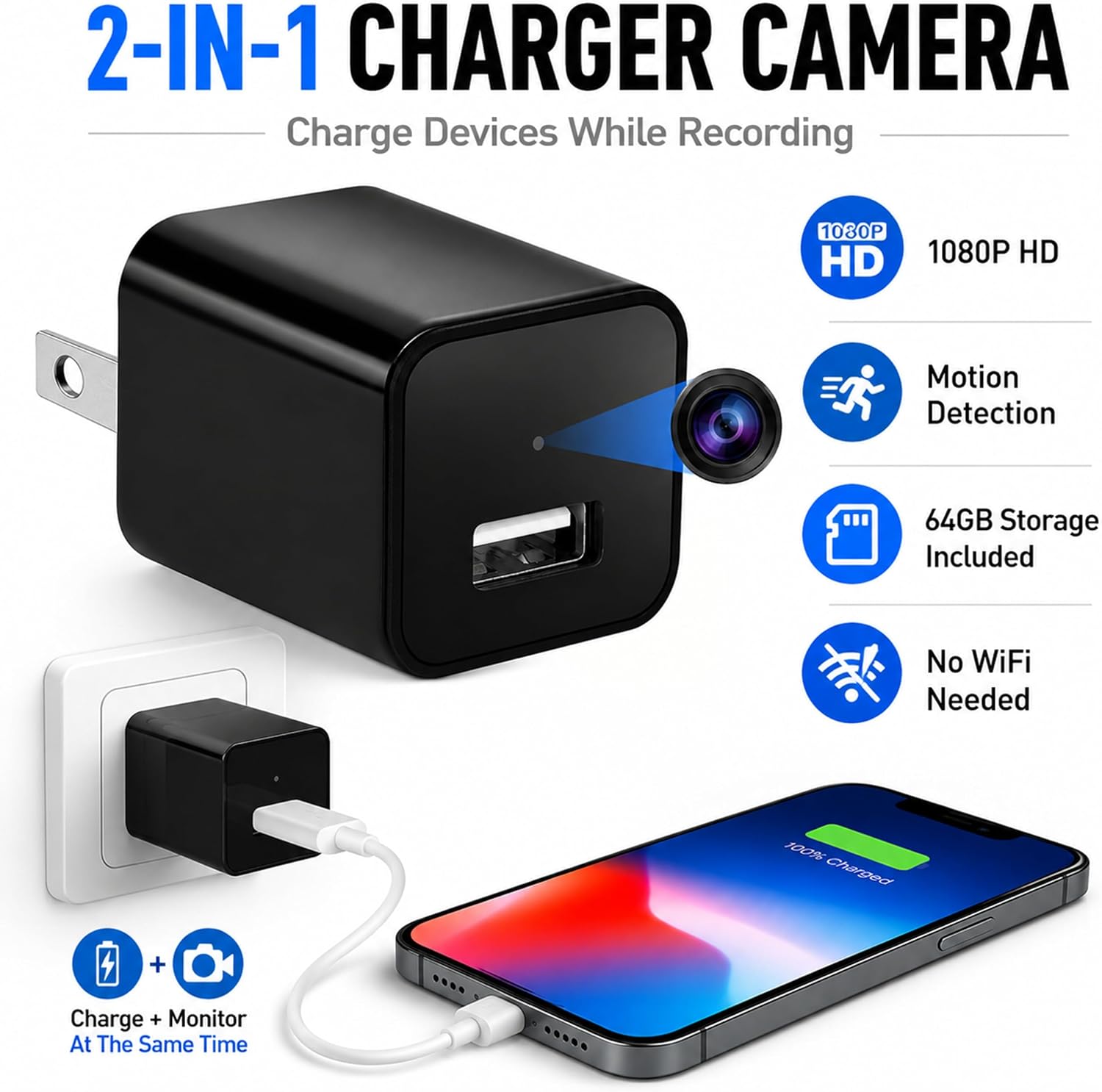 64G USB Charger Hidden Camera, 1080P Motion Detection Indoor Security Camera with SD Card Included, No WiFi/Monthly Fee, 106° Wide Angle, Local Storage Home Monitoring Device (2026 Upgraded)