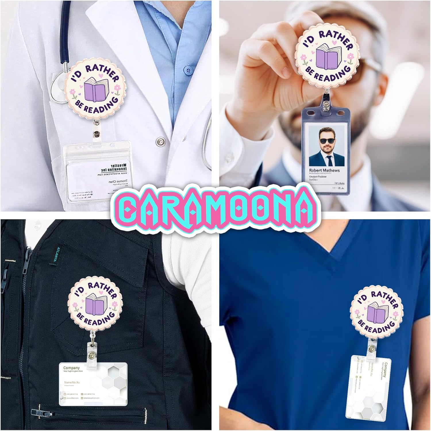 I'd Rather Be Reading Badge Holder Retractable 1.6 Inches Funny Reader Bookish Bookworm Book Lover Alligator Clip/Belt Clip, Acrylic Material, Badge Reel, Lanyard ID Cards Holder for Nurse, Office - Image 2