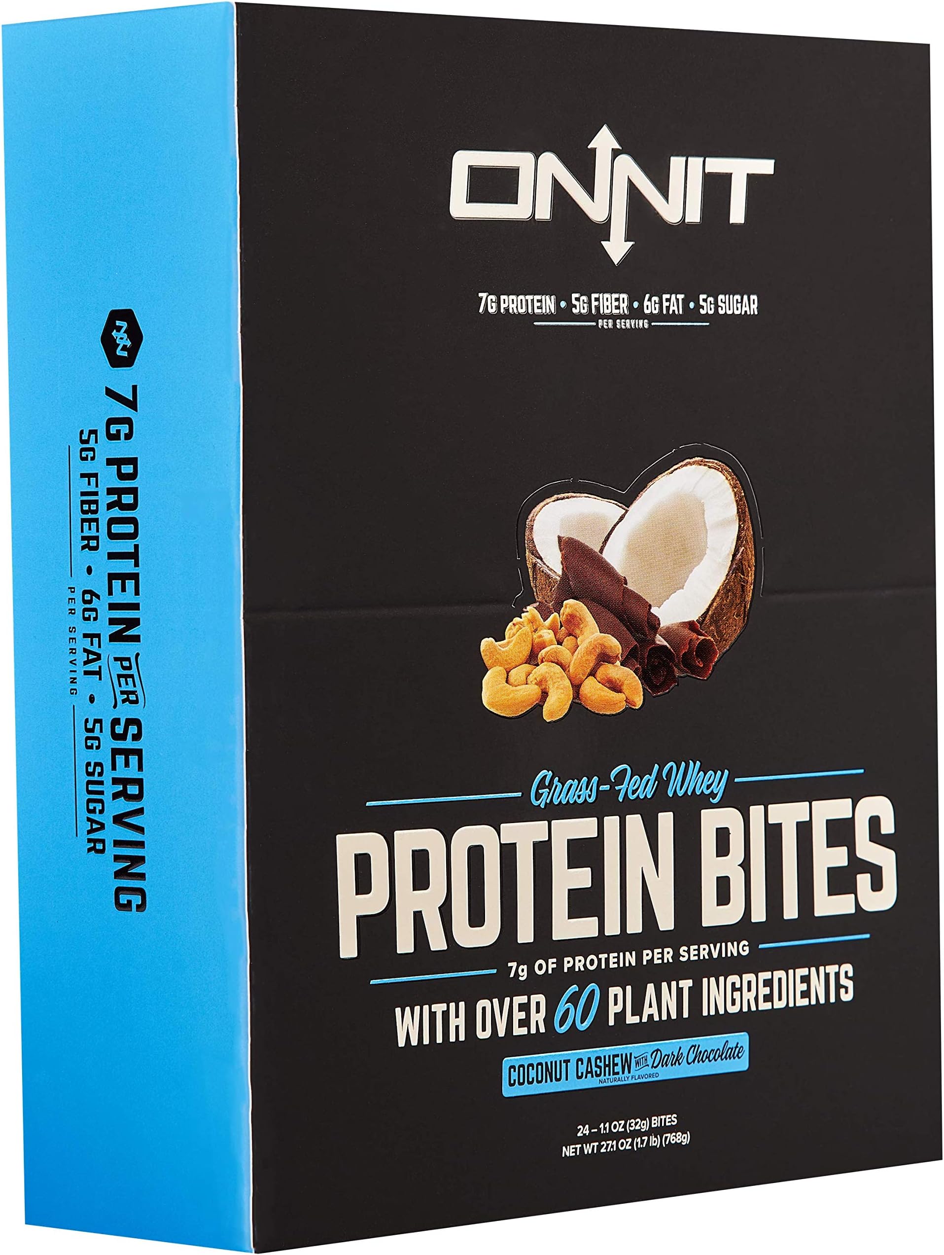 Onnit Protein Bites (Chocolate Coconut Cashew - Box of 24) | Made with Grass Fed Whey & over 60 Plant Ingredients | 7g Protein Per Bar