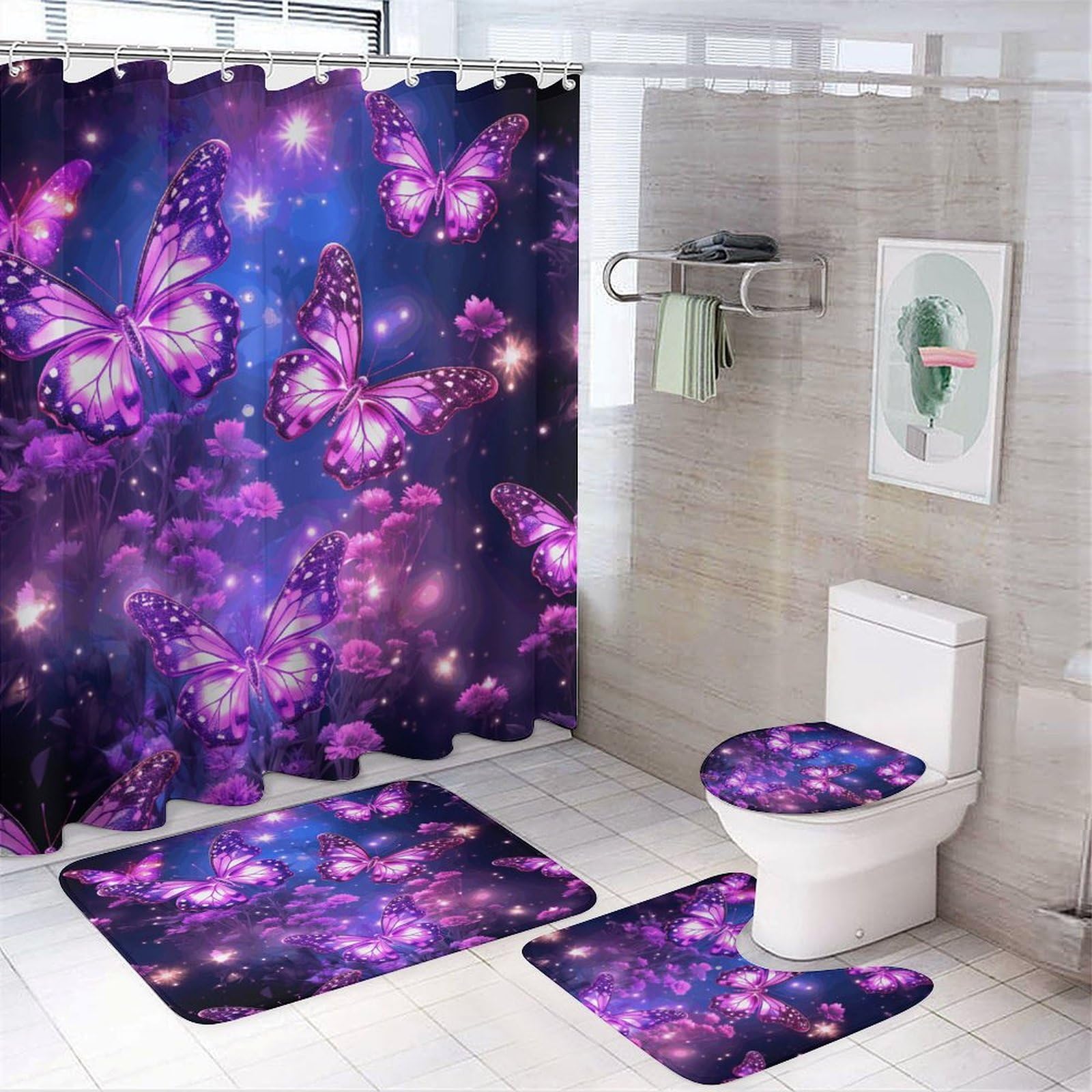 Rideau de douche haut de gamme papillon violet et ensemble de tapis