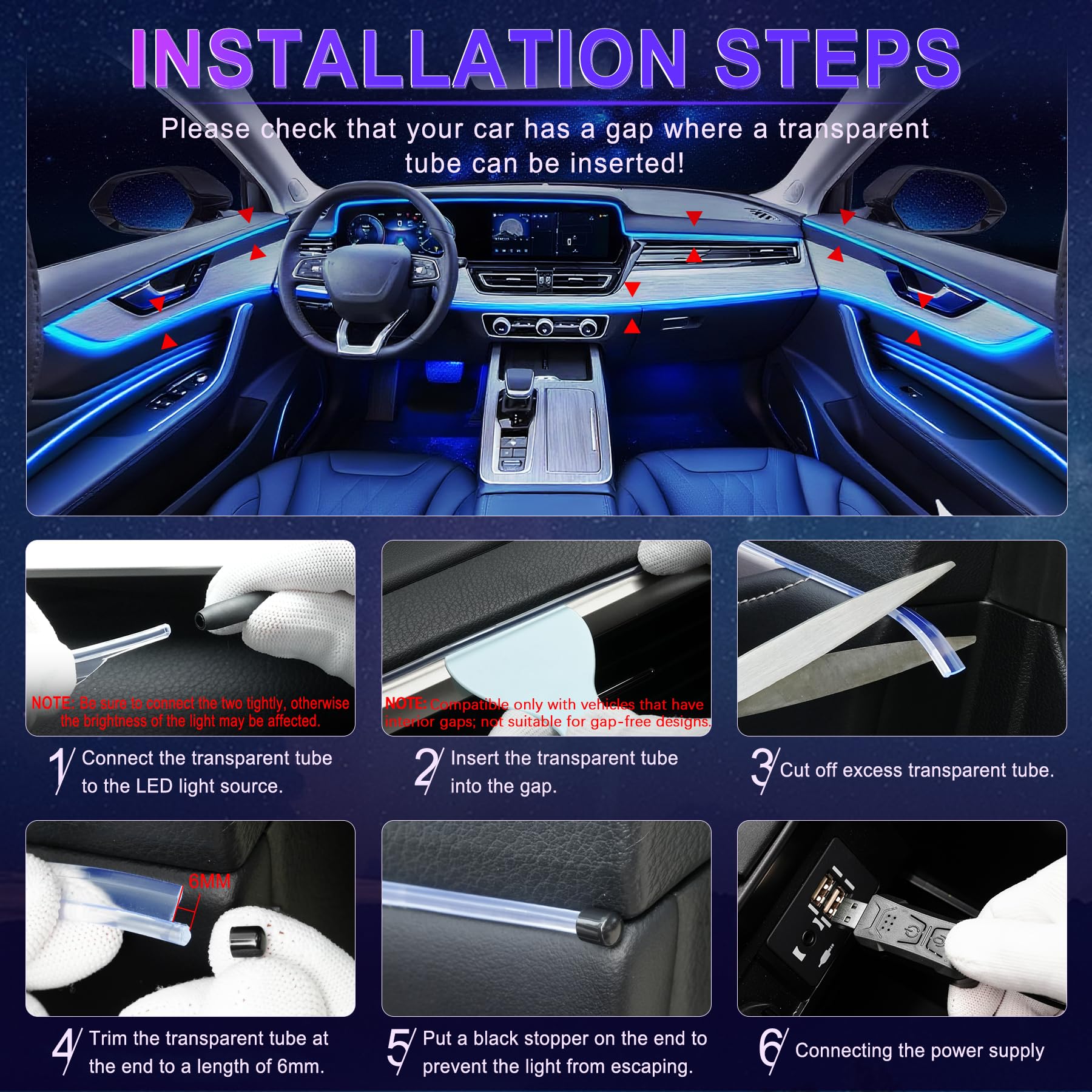 LivTee Luces LED Inteligentes para Interiores de Coche con Puerto USB, Tira de Luces LED de Fibra óptica, Control de aplicación inalámbrica, sincronización con música, Accesorios de Coche, Regalos