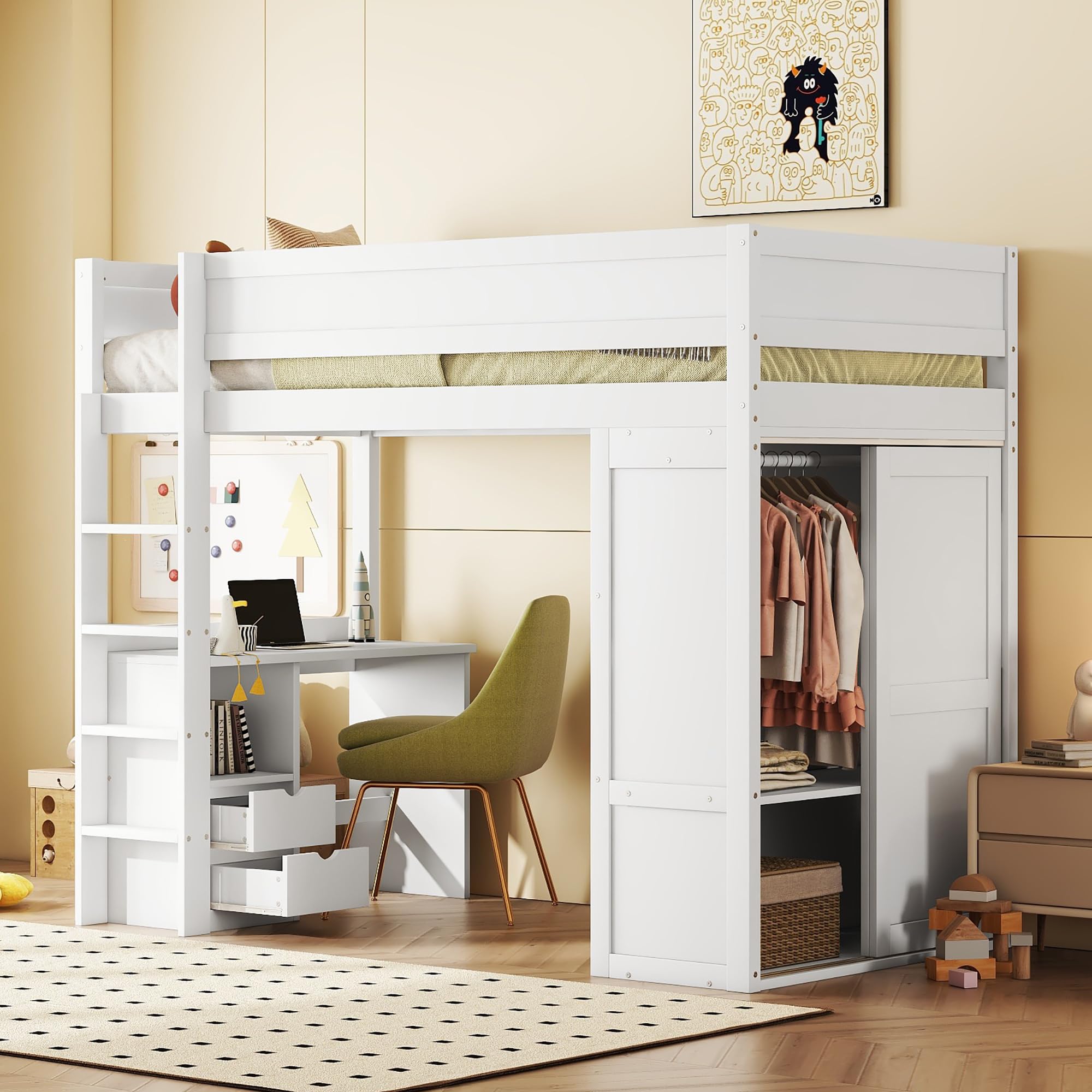 Moimhear Cama alta de 90x200cm, cama infantil versátil, equipada con armario, escritorio y cajones (Blanco)