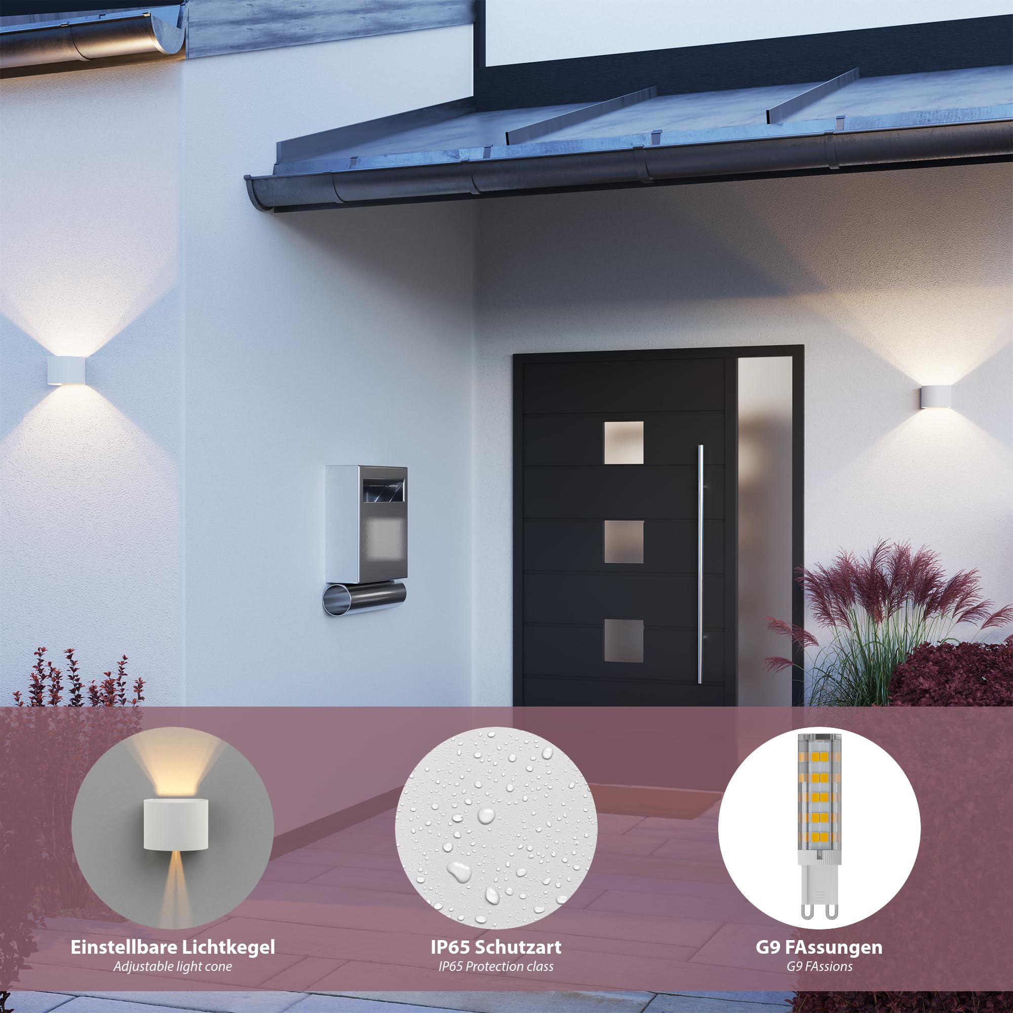 ledscom.de 8x Wandleuchte RUNEL für außen, IP65, Up-/Downlight, weiß matt, rund, 1x G9 max. 10W