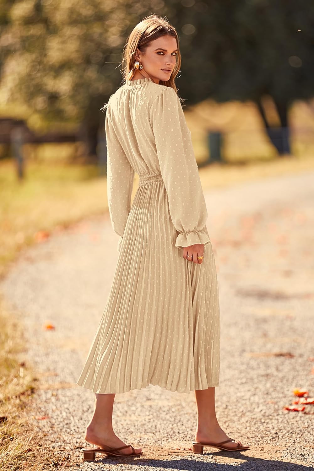 PRETTYGARDEN Women's 2026 Spring Fall Midi Dress Casual Long Sleeve V Neck Swiss Dot Pleated A Line Flowy Dresses - Image 2