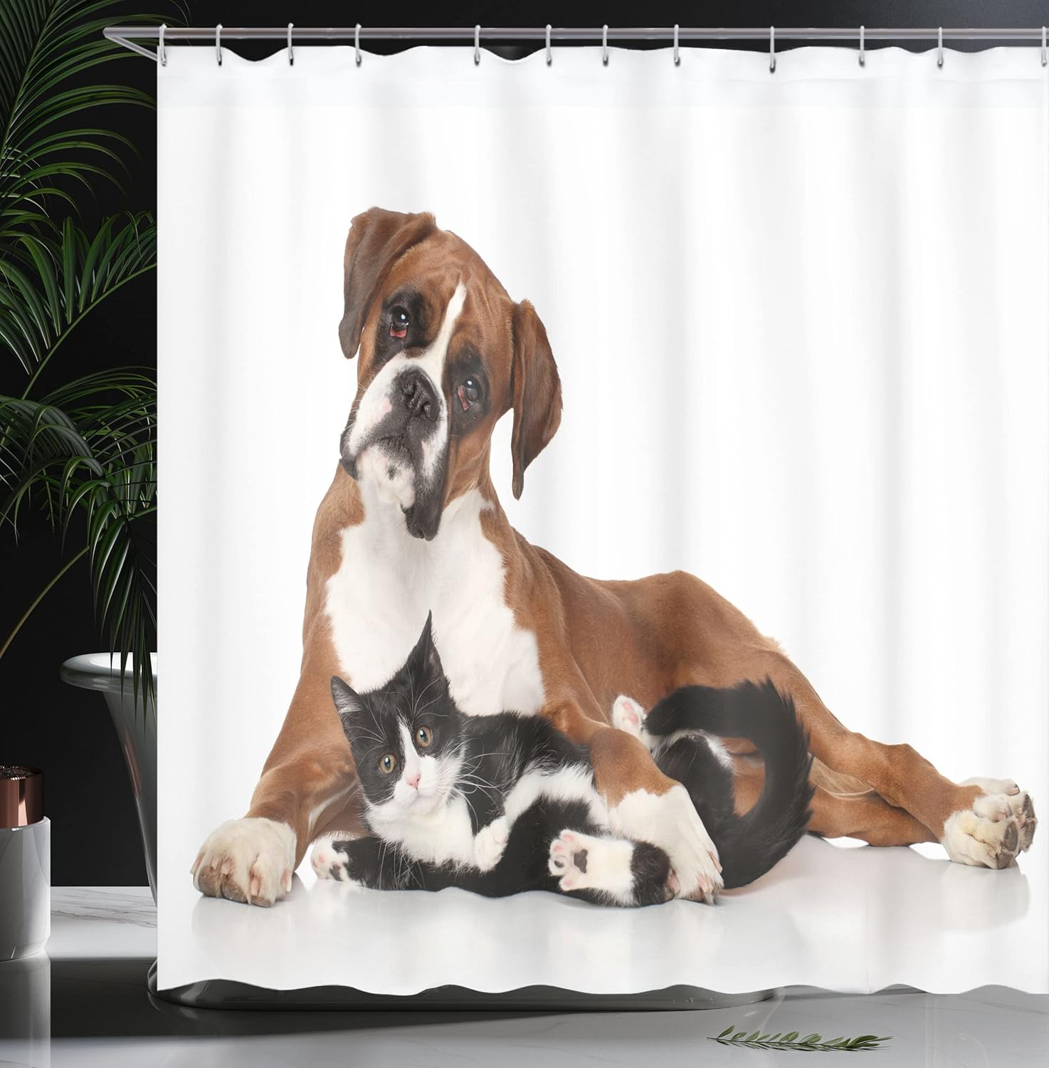 Ambesonne Animal Shower Curtain, Cat and Dog Together Lying on Floor Couple Real Friends Kitty Portrait, Cloth Fabric Bathroom Decor Set with Hooks, 69" W x 70" L, Brown Black White