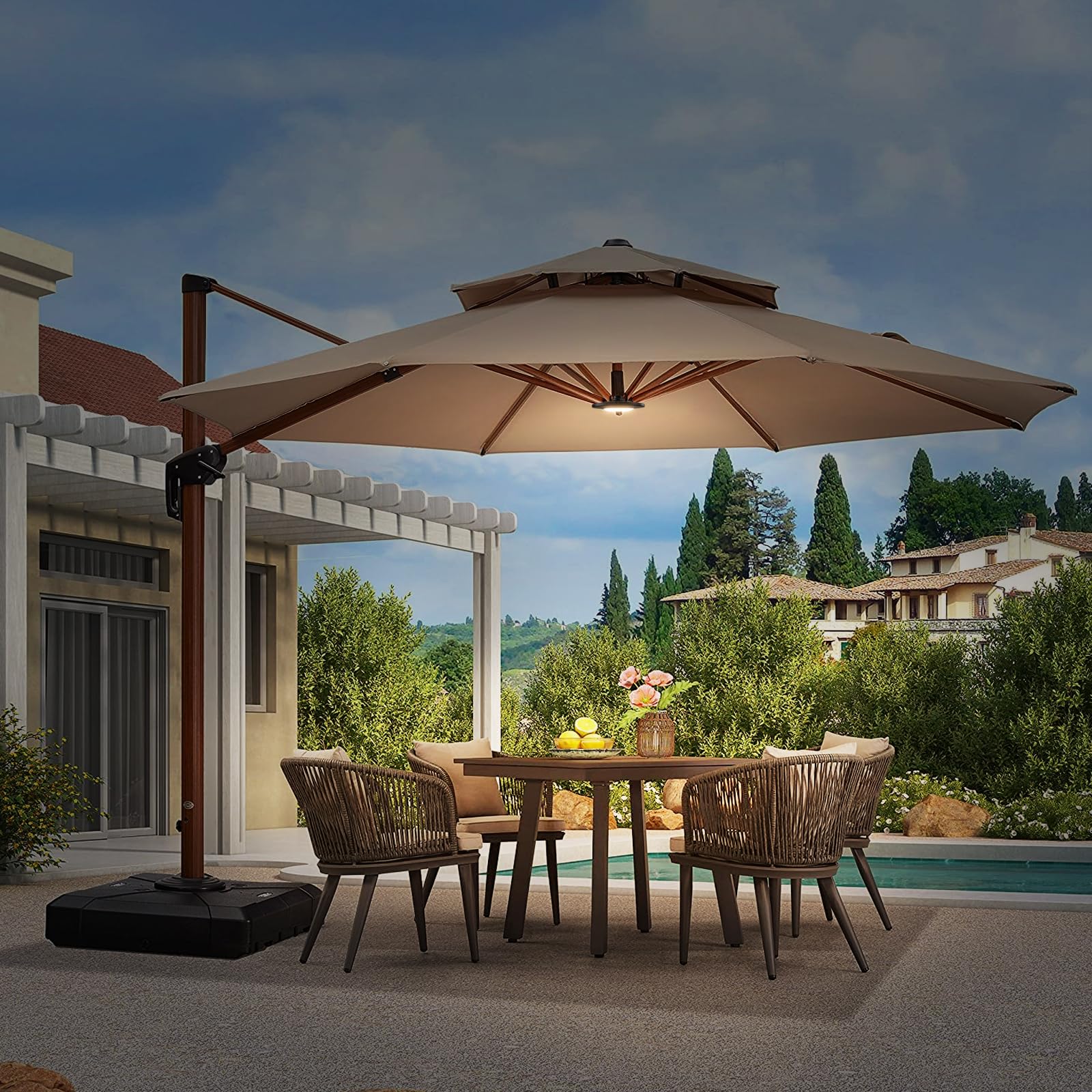 Powfloven Lampe LED pour parasol de terrasse avec télécommande, batterie rechargeable portable, 3 modes de luminosité, 12 couleurs à intensité variable pour parasols de terrasse, tentes de camping,