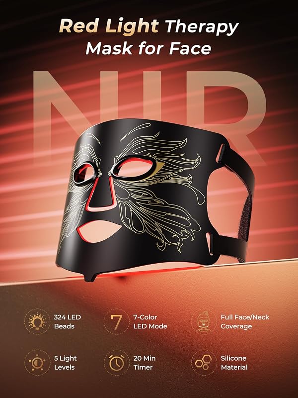 7-in-1 Red Light Therapy for Face & Neck, Skin-Friendly Silicone Red Light Therapy Mask with 324 LEDs, 5 Brightness Levels & 20 Mins Timer, Led Face Mask Light Therapy for Home & Travel image 2