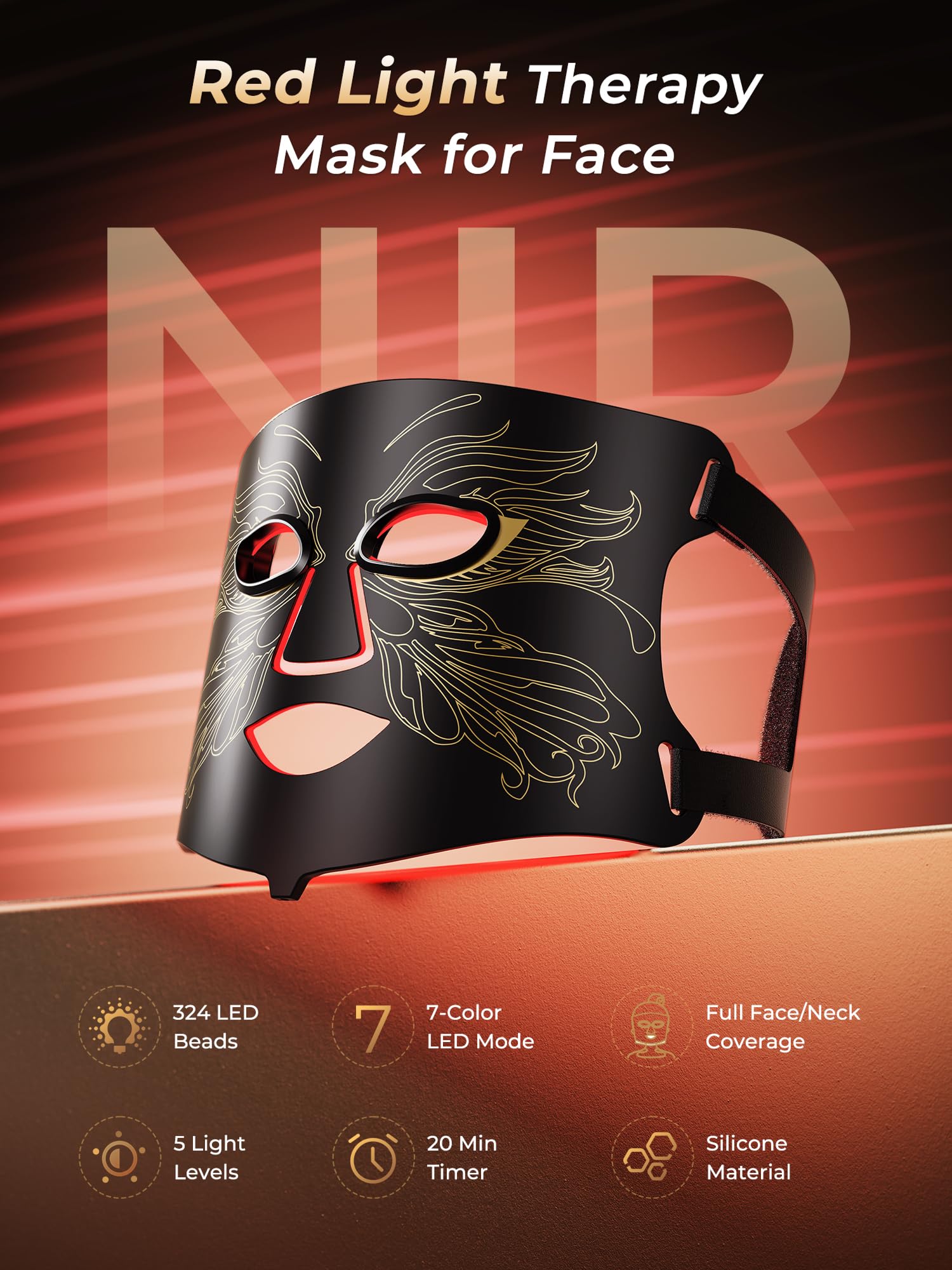 7-in-1 Red Light Therapy for Face & Neck, Skin-Friendly Silicone Red Light Therapy Mask with 324 LEDs, 5 Brightness Levels & 20 Mins Timer, Led Face Mask Light Therapy for Home & Travel