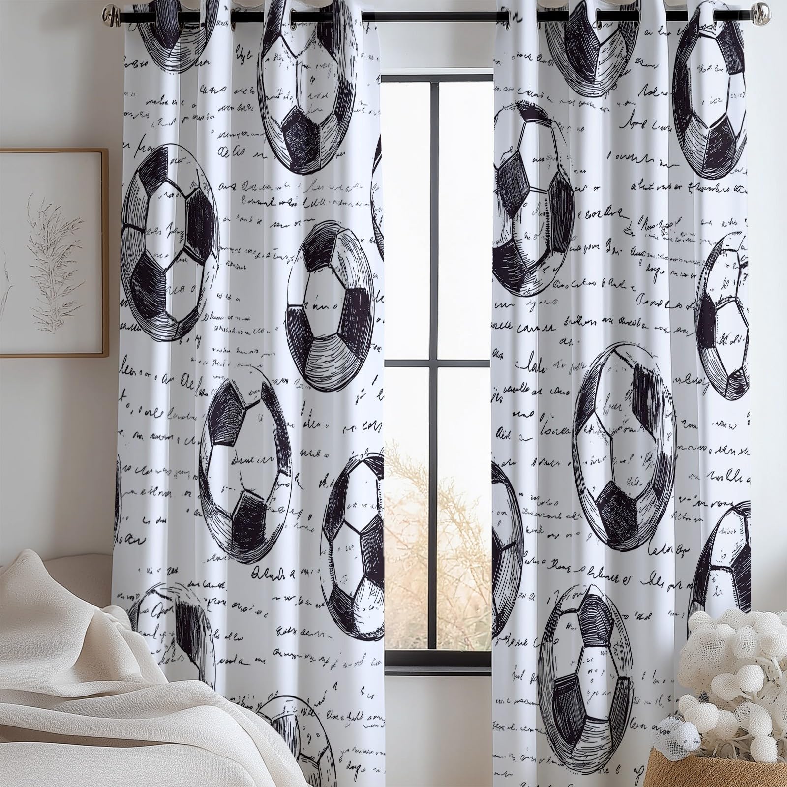 Cortinas Salon Opacas Patrón Fútbol Dibujado A Mano, Cortinas de Ojales Dormitorio para Niños 2 Piezas Suave En Blanco Y Negro Termicas Curtain para Habitación Decor Ventana, 2x140x245 cm
