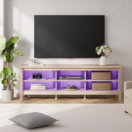 Miniatura 10 de WAMPAT Soporte de TV LED para TV de 75 pulgadas con luz LED amarilla, centro de entretenimiento negro para mesa consola de TV de 80 pulgadas con 6