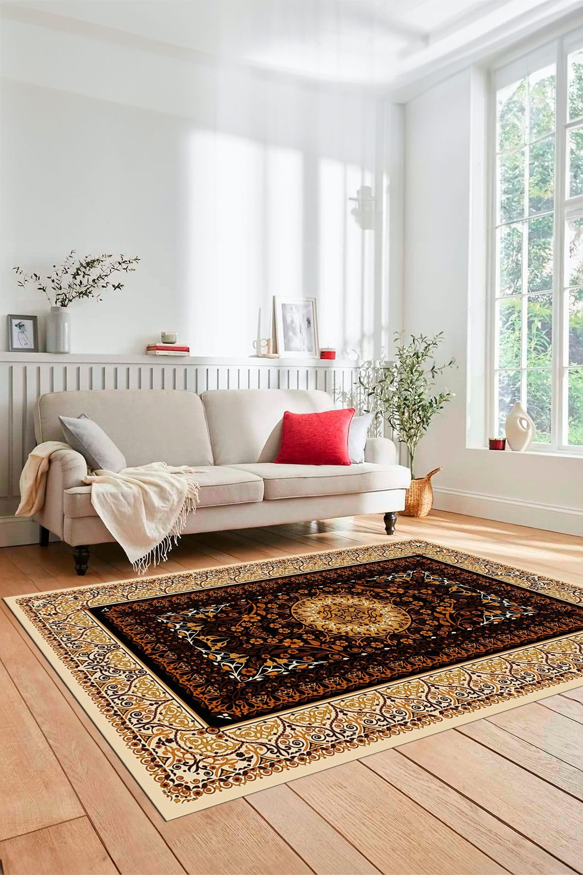 Evdeya Şık Klasik Desen Dijital Kaymaz Taban Yıkanabilir Yolluk Mutfak Salon Halısı KLASİK-14, Kahverengi, 100 x 250