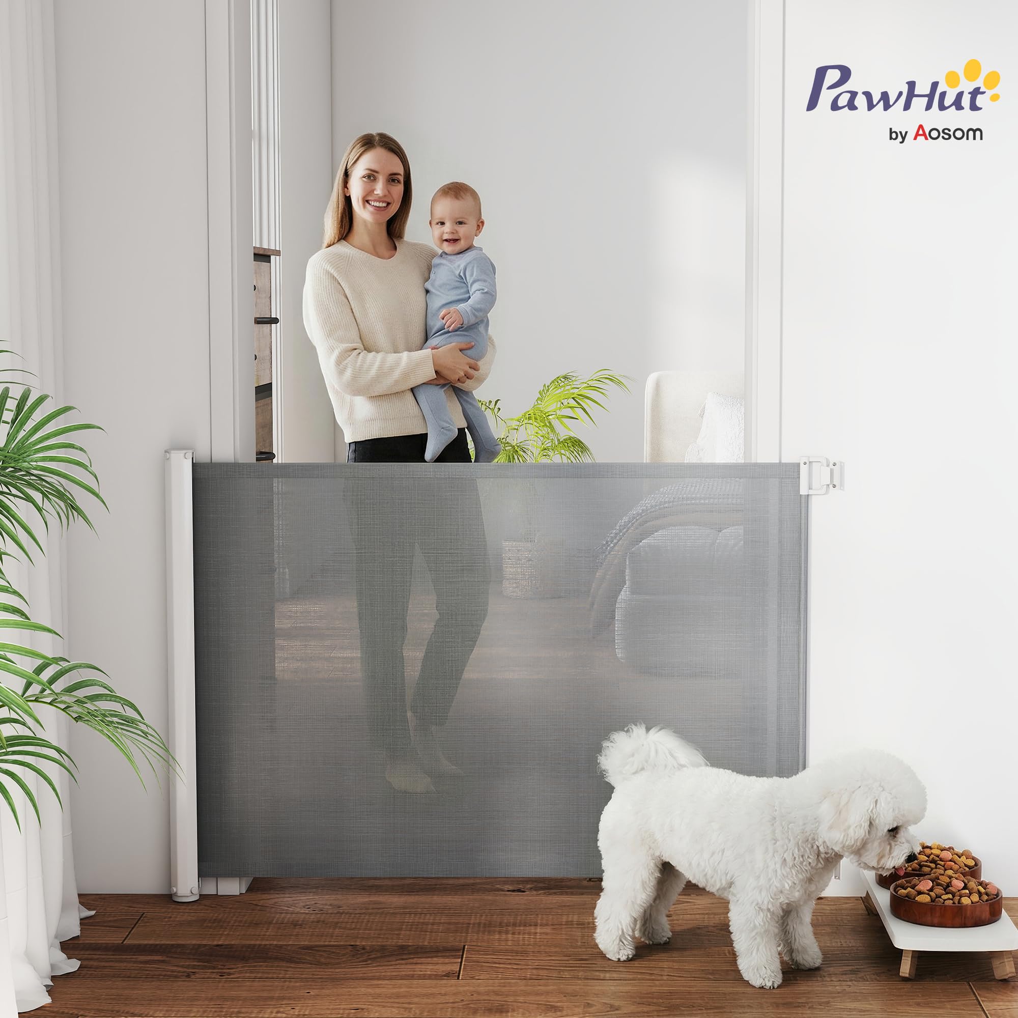 PawHut Cancellino per Cani Estensibile fino a 115 cm con Viti e Gancio, Cancelletto di Sicurezza in Poliestere e Acciaio, 115x82.5 cm, Bianco e Grigio