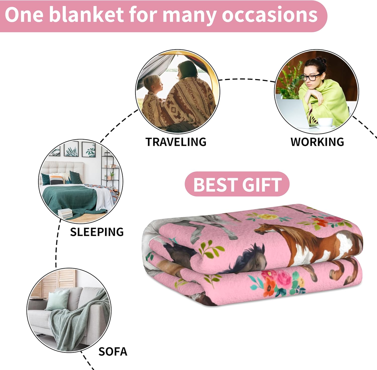 Cute Horse Blanket Gifts for Girls Women Pink Rose Flowers Western Home Decor Cozy Fleece Throw Blanket for Bed Couch Sofa 60"X 50" (50 x 60 Inch, Horse Flower) - Image 7