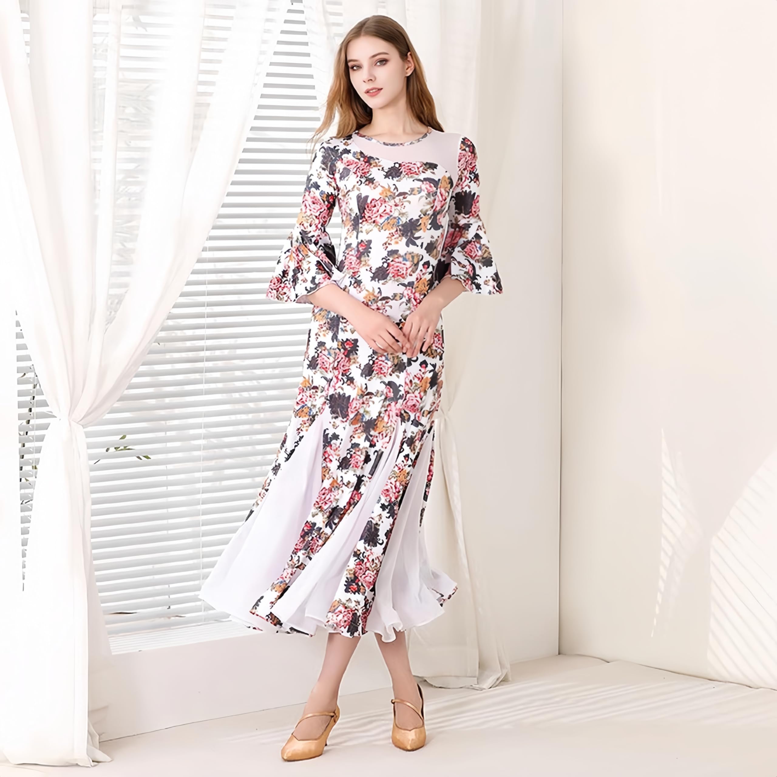 FCDDQM Women's Ballroom Dance Competition Dress Modern Waltz Tango Standard Dress Half Sleeve Performance Costumes White