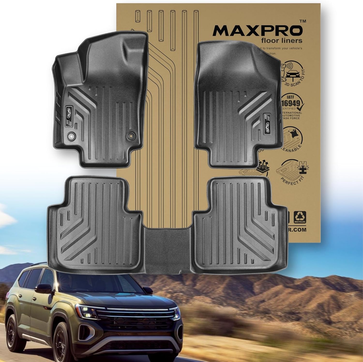 Premium MAXPRO Floor Mats for 2019‑2026 Volkswagen Atlas Bench Seat | 1st & 2nd Row Complete Set | All Weather Waterproof TPE Floor Liners | Custom Fit Automotive Floor Mats VW Accessories Car Mats