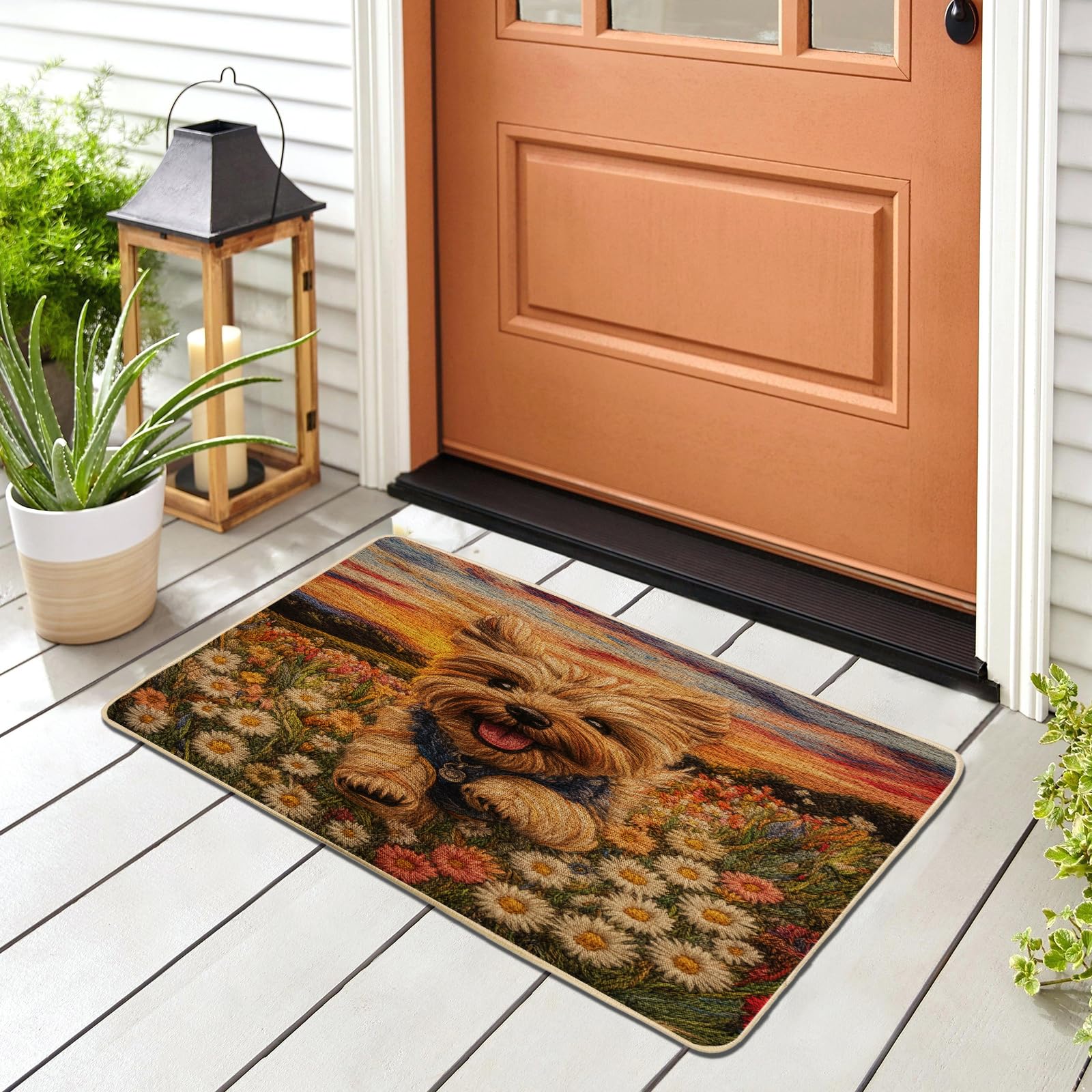 Paillasson noir fleurs de marguerites tapis extérieur intérieur 73x43cm fin